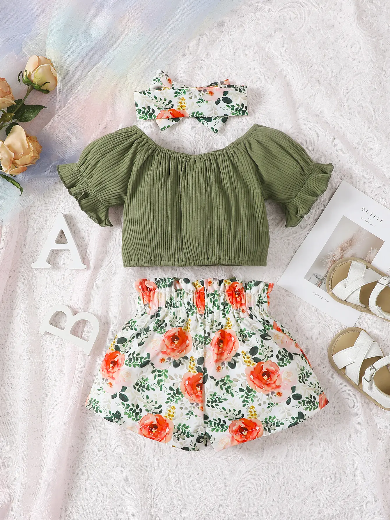 Summer round neck cute casual girl aged 0-2, Cotton Short Sleeved Headscarf, Printed Bow Shorts, Baby Wear