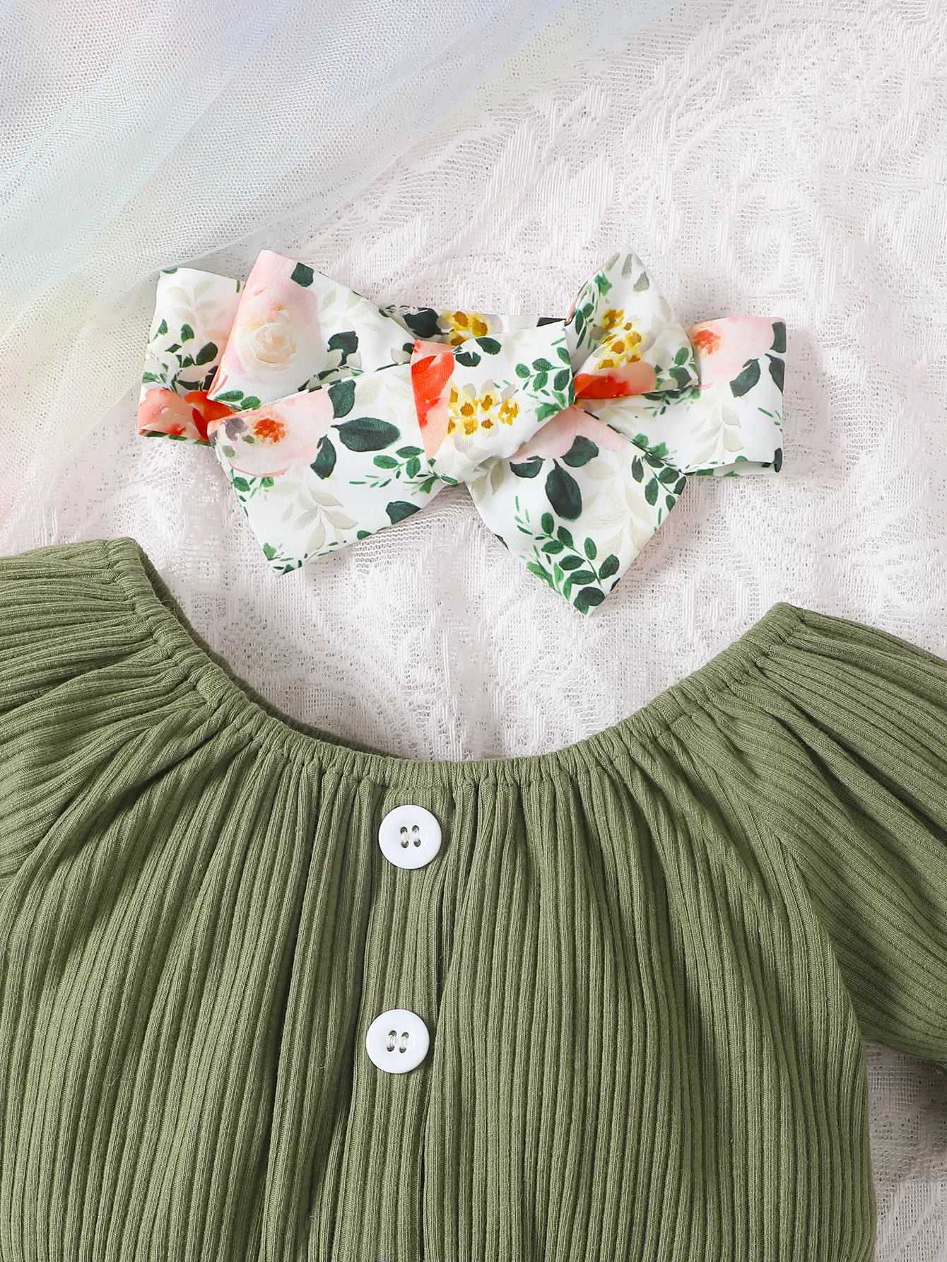 Summer round neck cute casual girl aged 0-2, Cotton Short Sleeved Headscarf, Printed Bow Shorts, Baby Wear