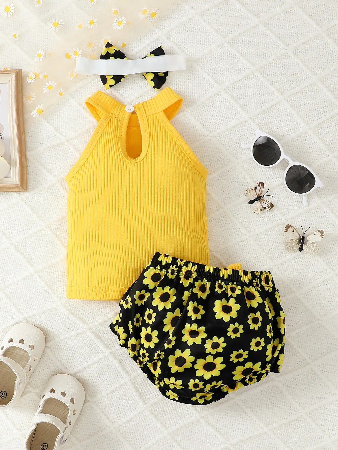 0-2 Year Old Newborn Baby Summer Girl Sleeveless Round Neck Digital Printed Bow Cotton Trendy Daily Set Baby Clothes