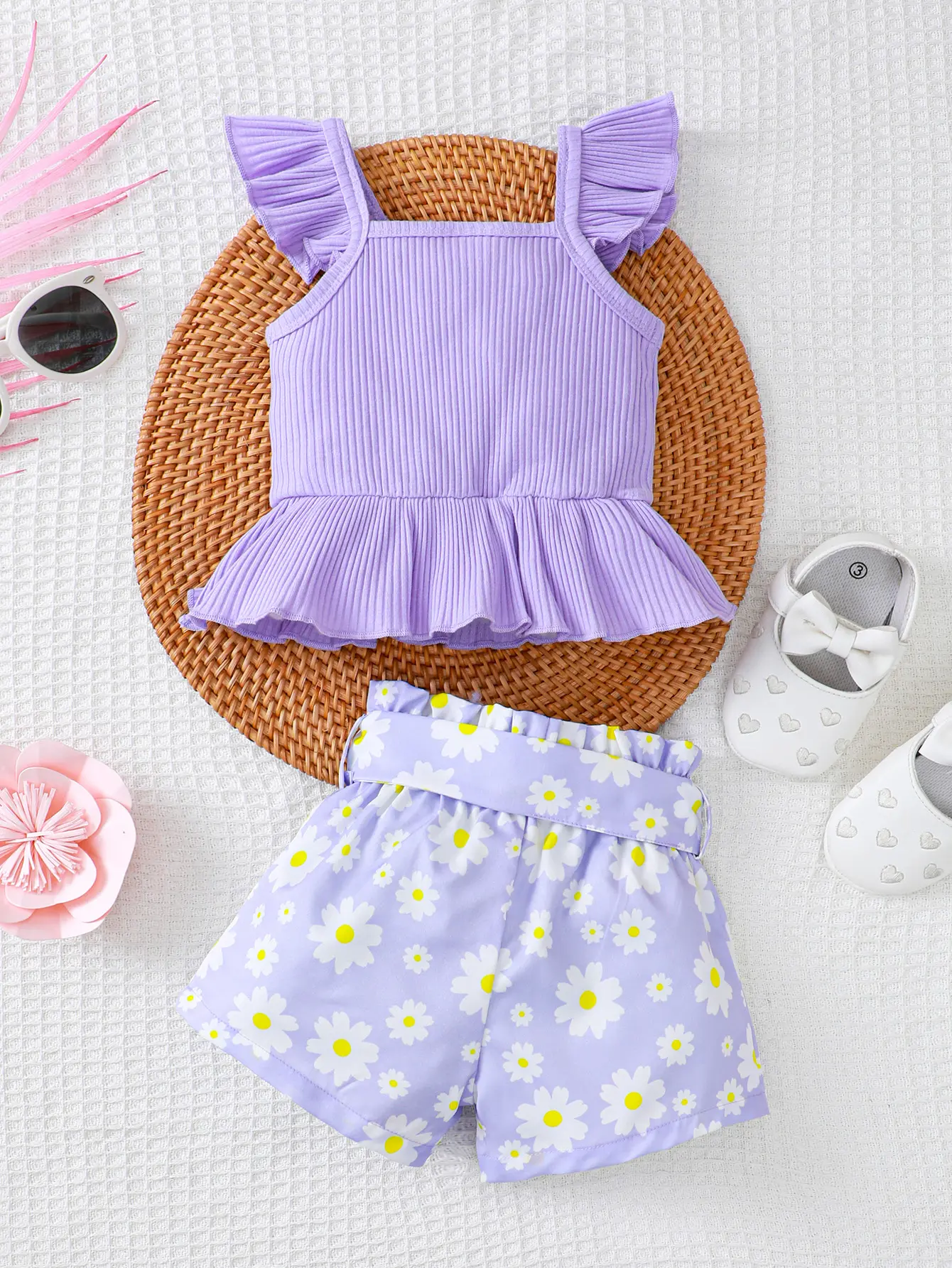 0-2 year old newborn girl baby sleeveless top, shorts, floral print, 2-piece set of girl baby clothing