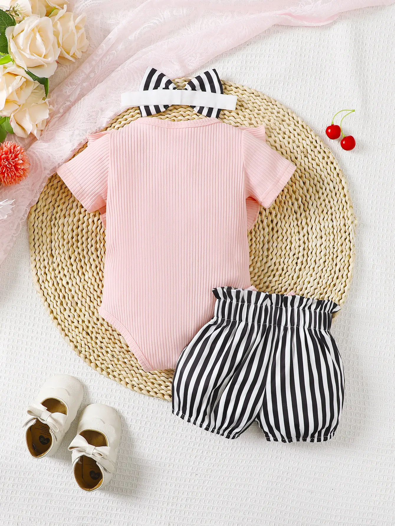 0-2 Year Old Cute Summer Girl Striped Print Casual Vacation Short Sleeved Clothes With Round Bow Headband