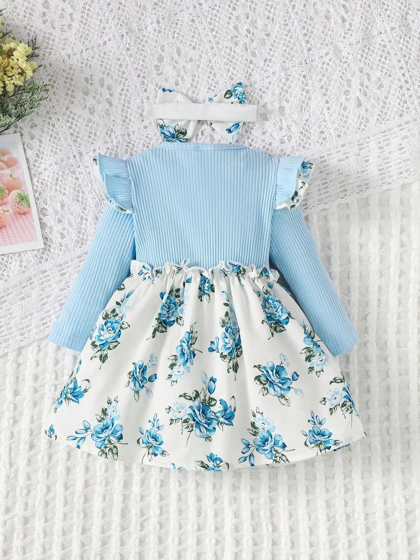 New Baby Girl Spring And Autumn Simple Daily Flower Print Long Sleeved Big Bow Cute Dress Headband