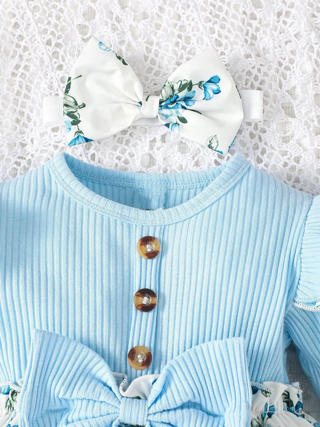New Baby Girl Spring And Autumn Simple Daily Flower Print Long Sleeved Big Bow Cute Dress Headband