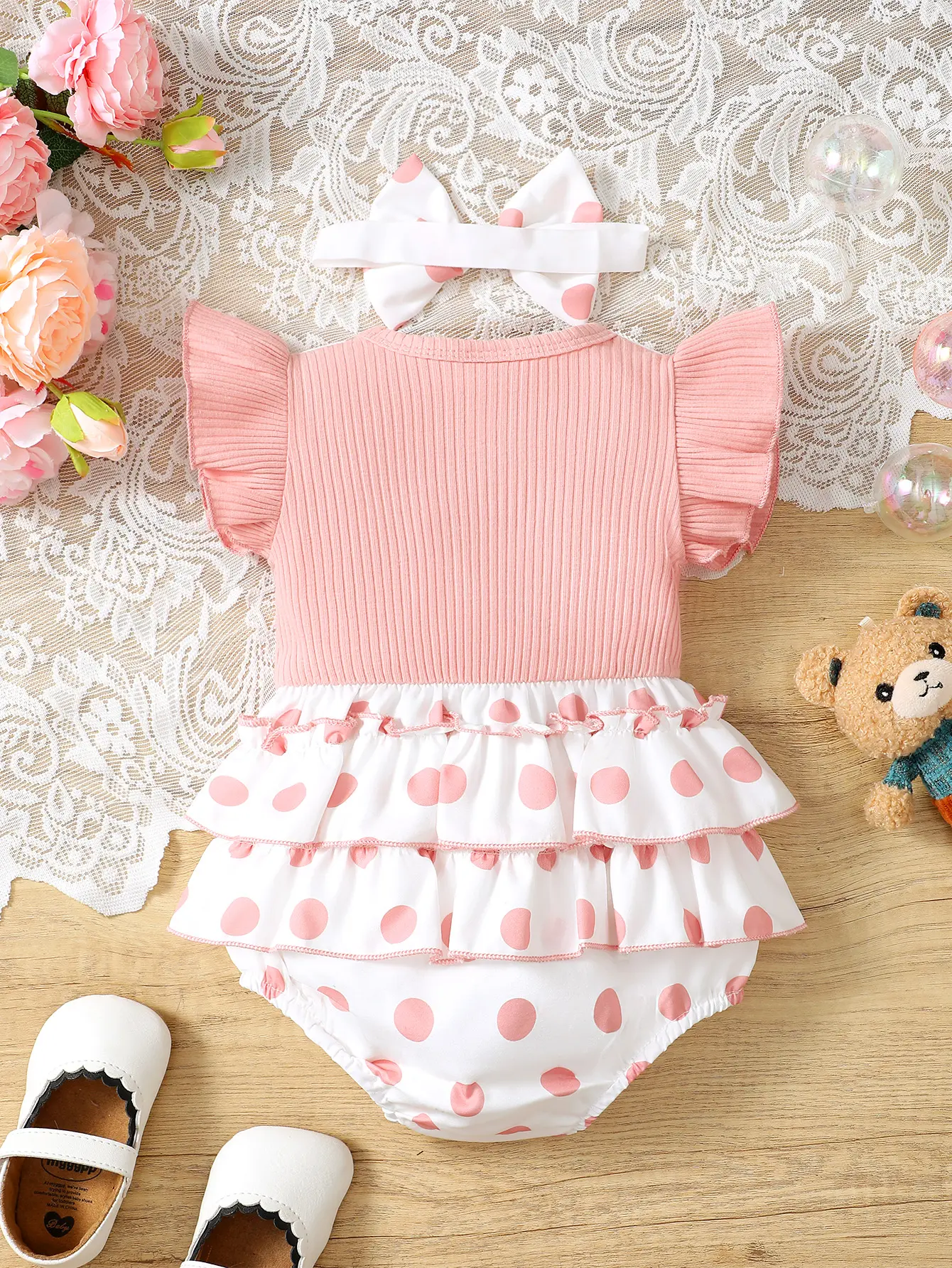 Fashionable Baby Girls' Casual Polka Dot Pattern Round Neck Flying Sleeve Cartoon Bear Embroidery Overall Dress With Hair Band,