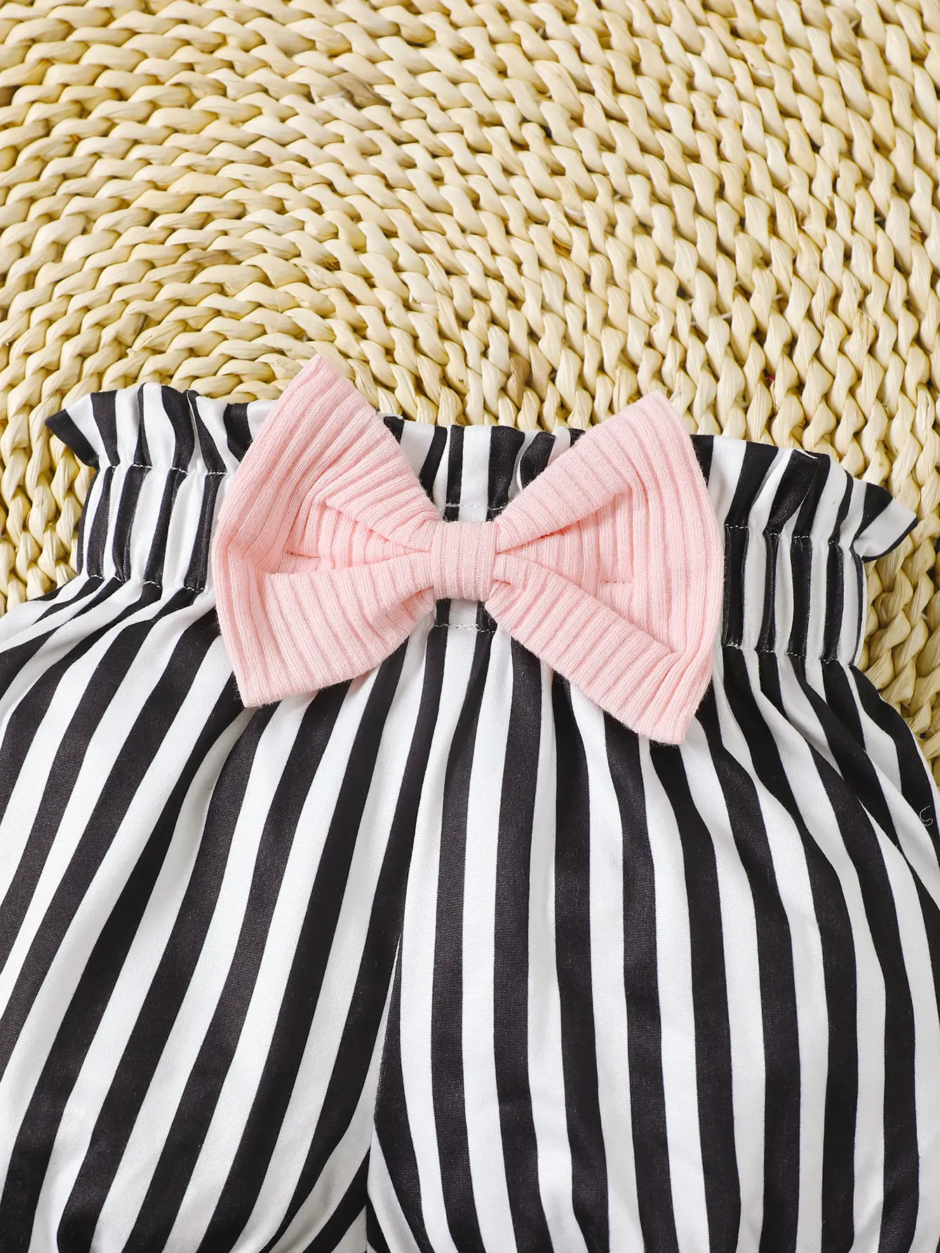 0-2 Year Old Cute Summer Girl Striped Print Casual Vacation Short Sleeved Clothes With Round Bow Headband
