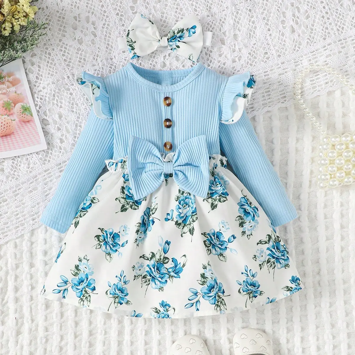 New Baby Girl Spring And Autumn Simple Daily Flower Print Long Sleeved Big Bow Cute Dress Headband