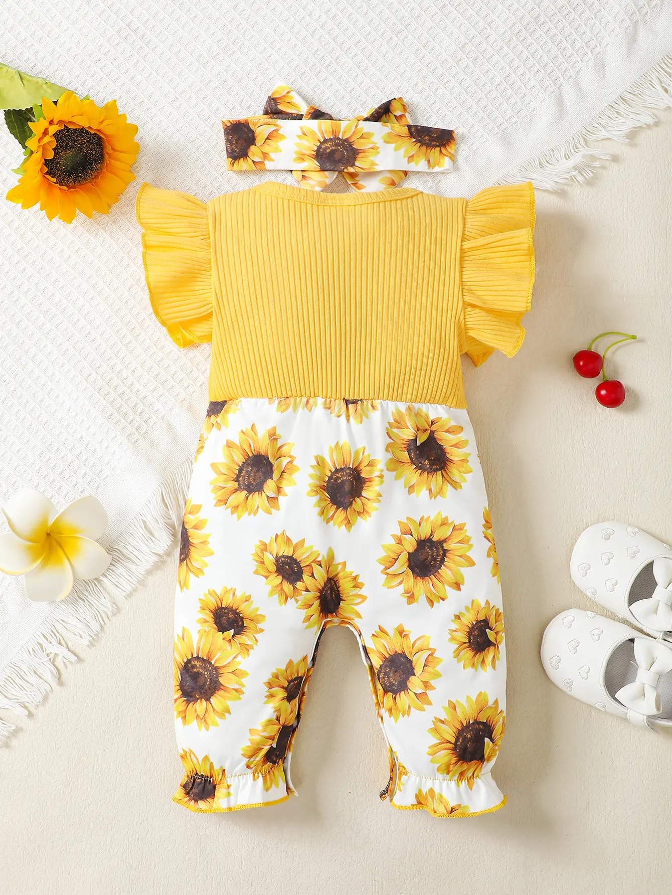 Fashion Baby Girl Summer Two-piece Headband Jumpsuit Set