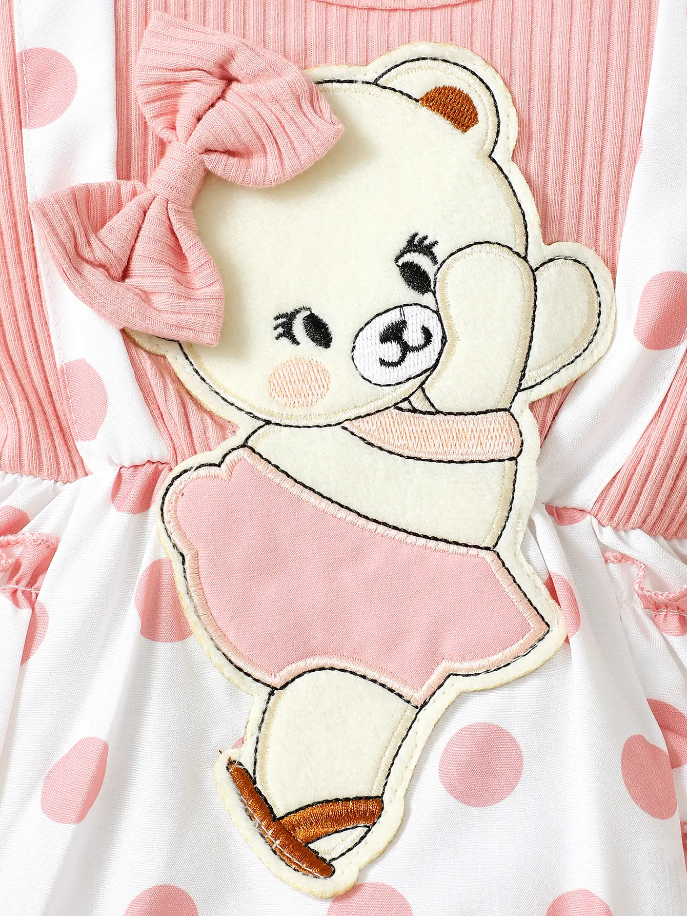 Fashionable Baby Girls' Casual Polka Dot Pattern Round Neck Flying Sleeve Cartoon Bear Embroidery Overall Dress With Hair Band,