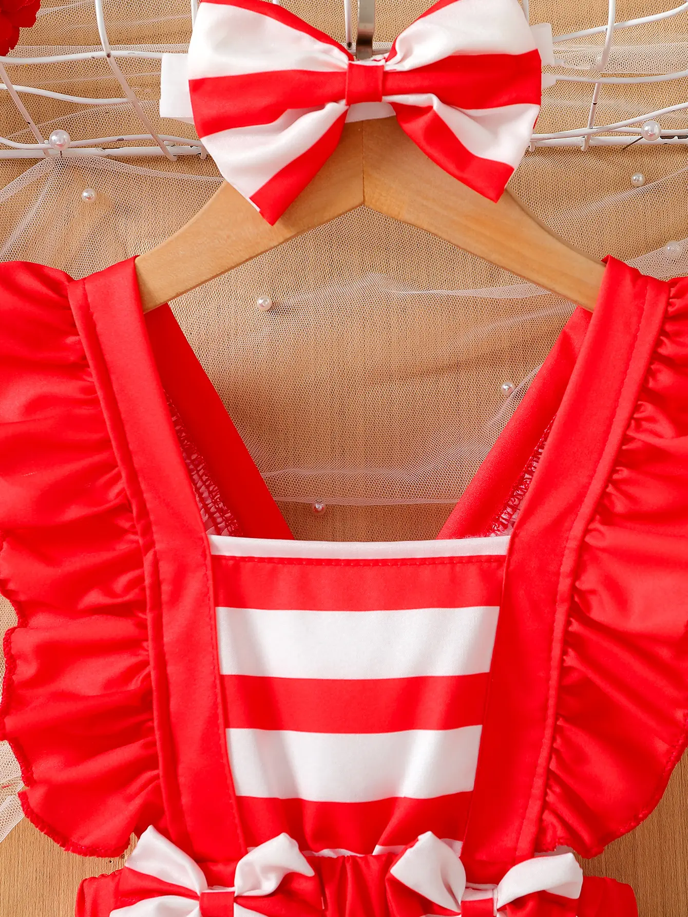 Baby girl's cute and sweet strawberry red striped color blocked dress and headband in summer
