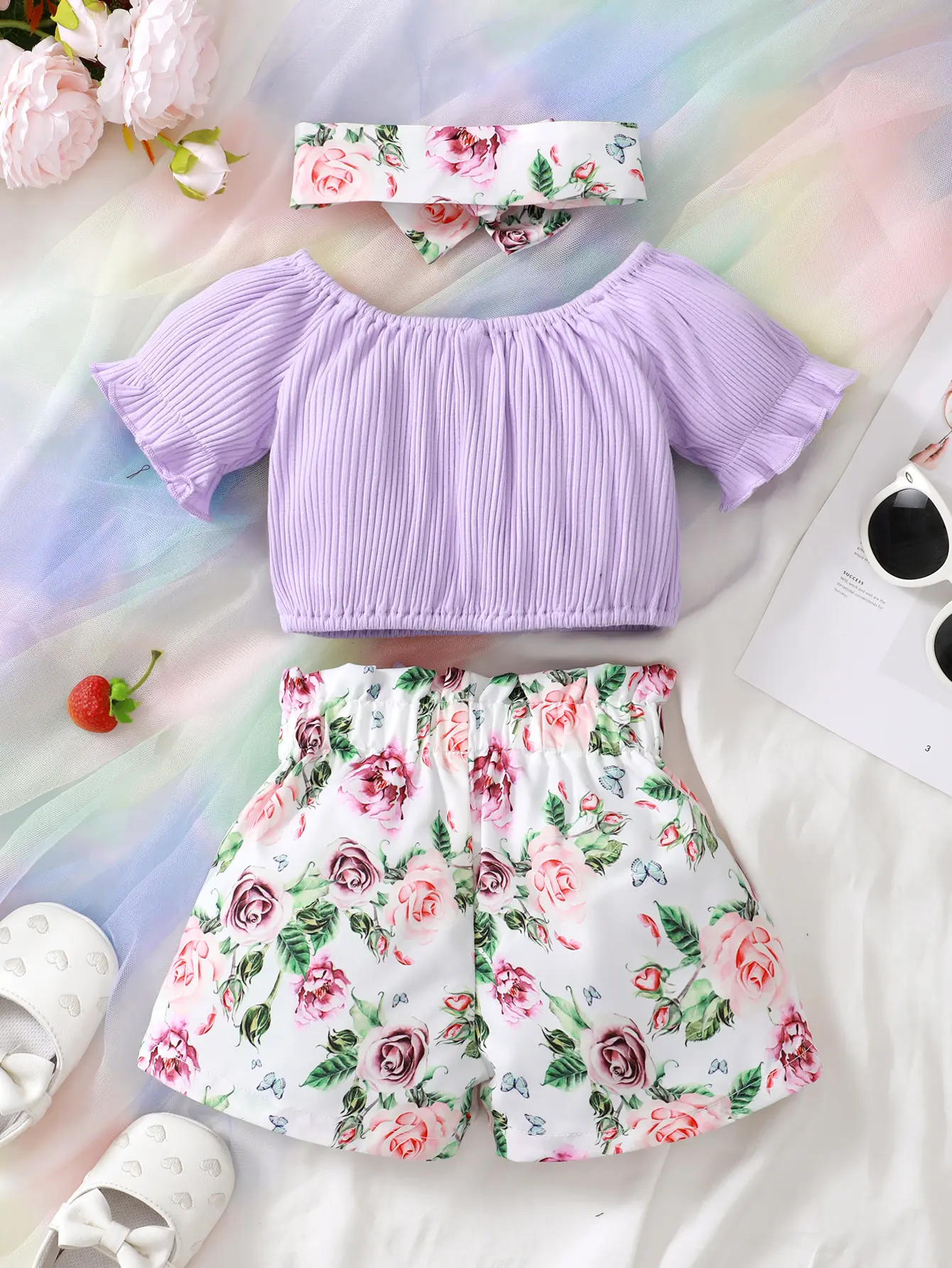 0-2 Year Old Newborn Girl Summer Casual Three Piece Set With Headband Top And Printed Shorts Set