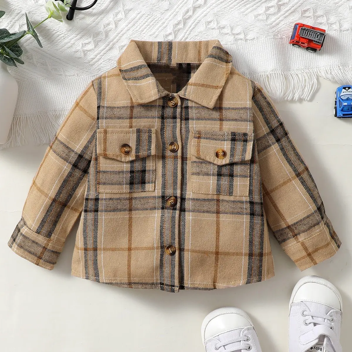 New Baby Boy Long Sleeved Checkered Real Pocket Simple Casual Daily Top