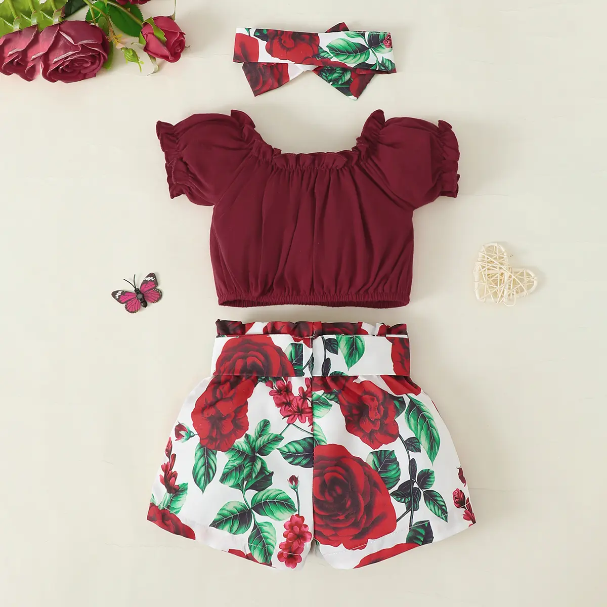 New born baby girl summer solid color round-necked short-sleeved jacket flower print shorts fashion 4-piece set
