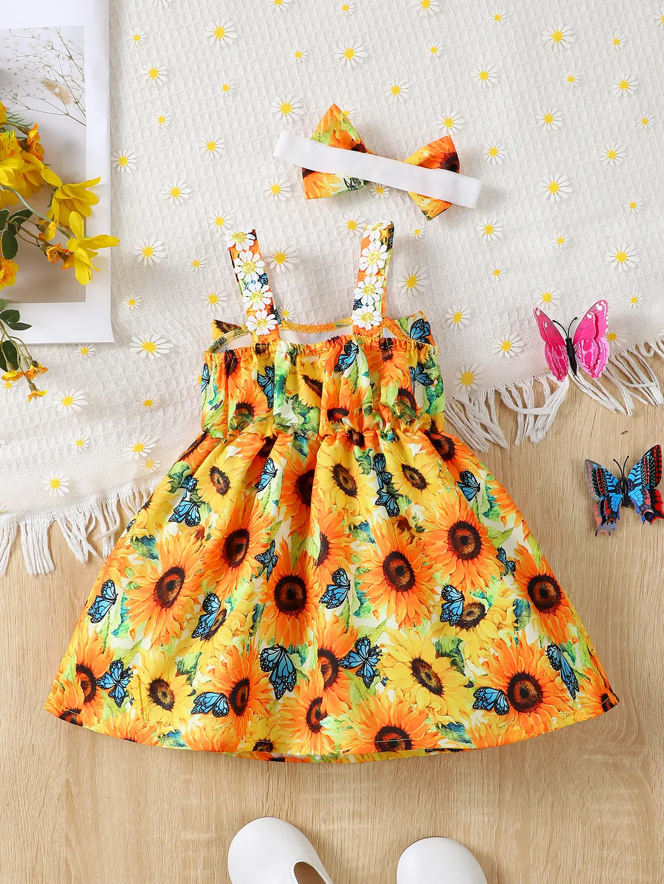 Baby girl summer fashion vacation romantic sunflower flower lace suspender big bow dress