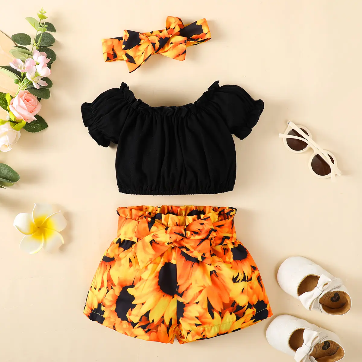 New born baby girl summer solid color round-necked short-sleeved jacket flower print shorts fashion 4-piece set