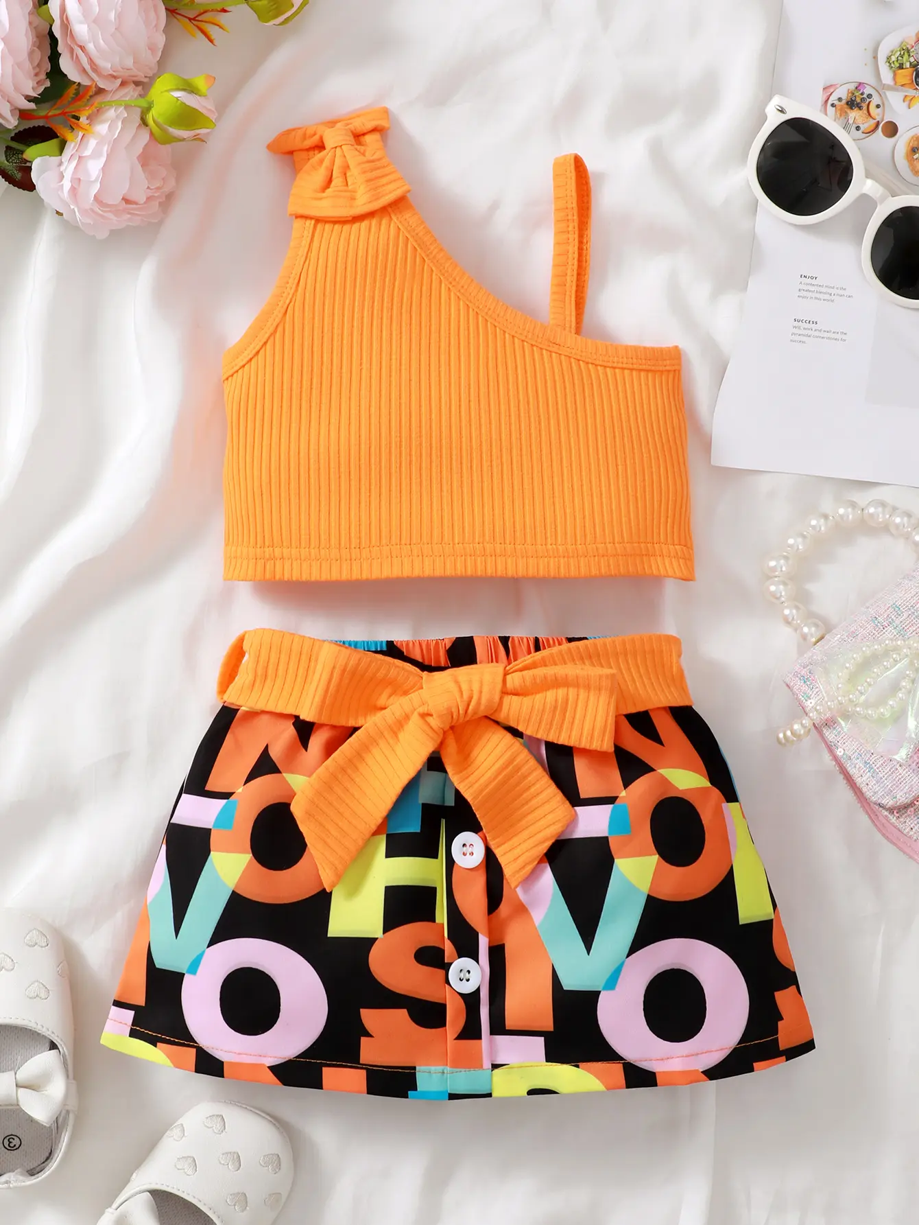 Newborn Summer Baby Girl Minimalist Pit Pattern Combed Cotton Suspender Top Trend Printed Waistband Three Piece Set