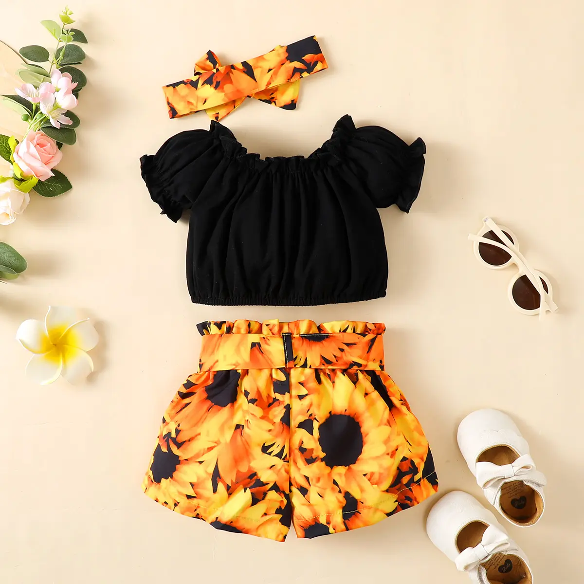 New born baby girl summer solid color round-necked short-sleeved jacket flower print shorts fashion 4-piece set