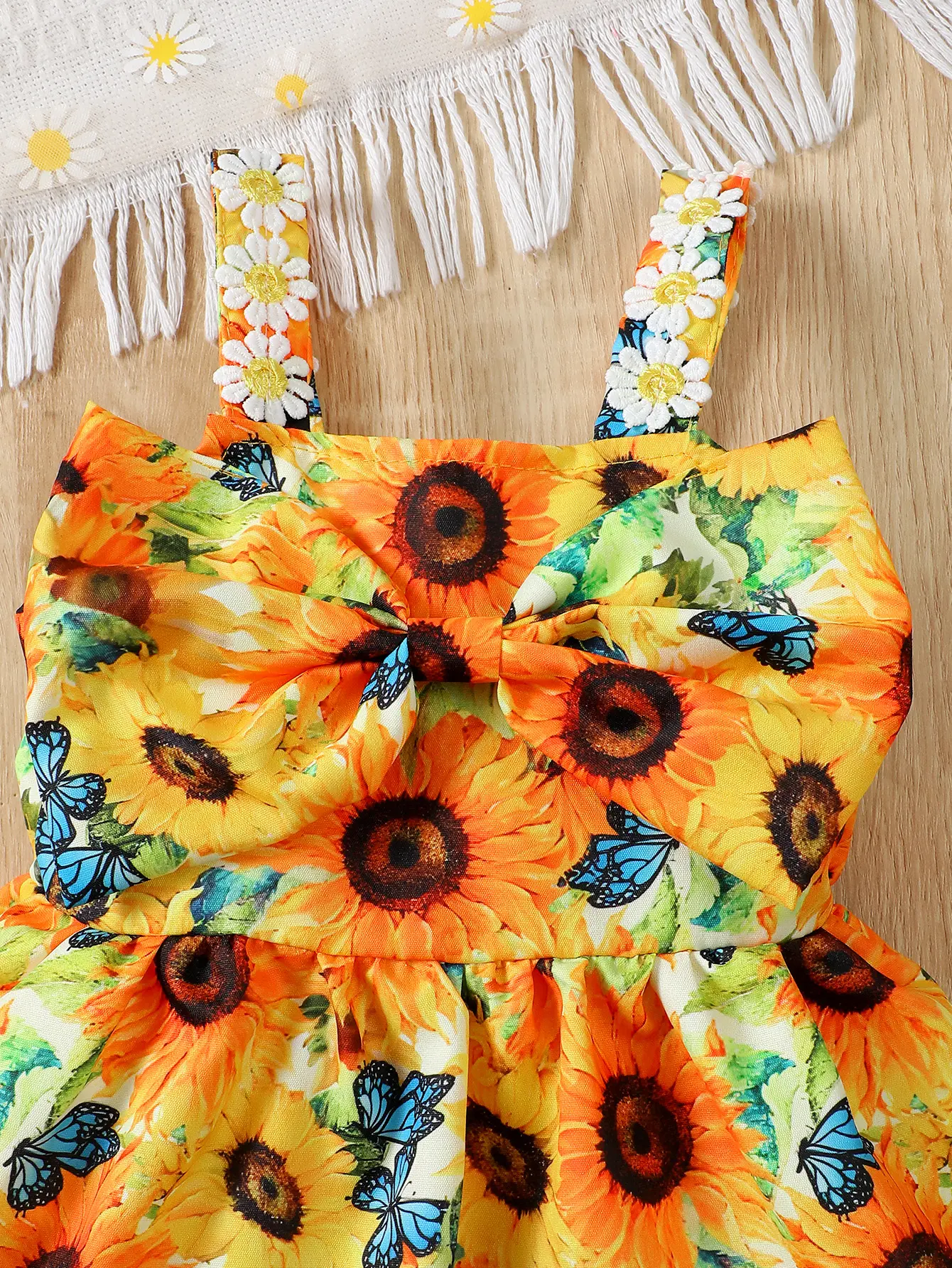 Baby girl summer fashion vacation romantic sunflower flower lace suspender big bow dress