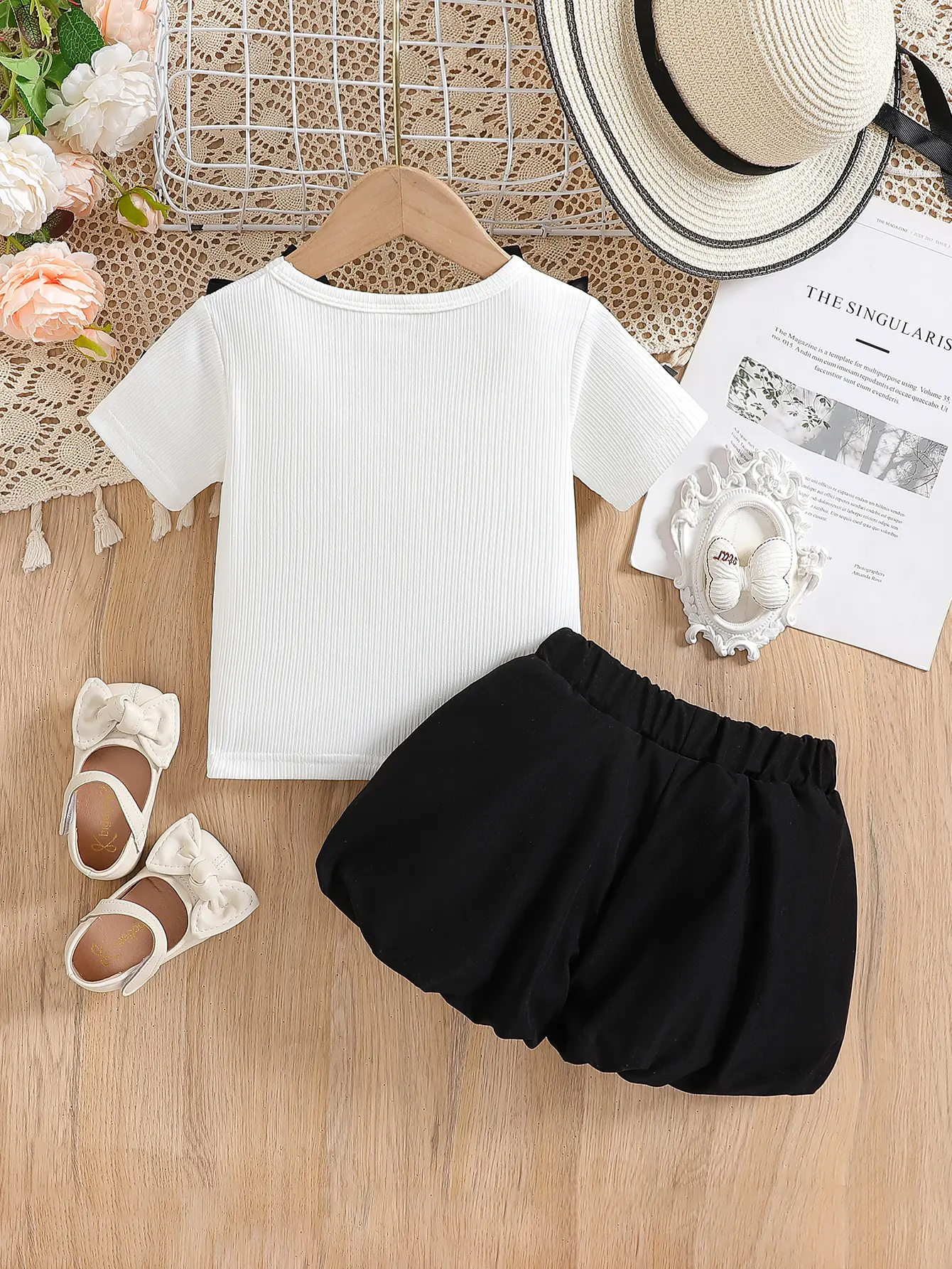 Baby Girl Summer Sweet Cool Trendy Round Neck White Pit Strip Short Sleeve Ribbon Bow Decorative Top and Black Puff Pants Set