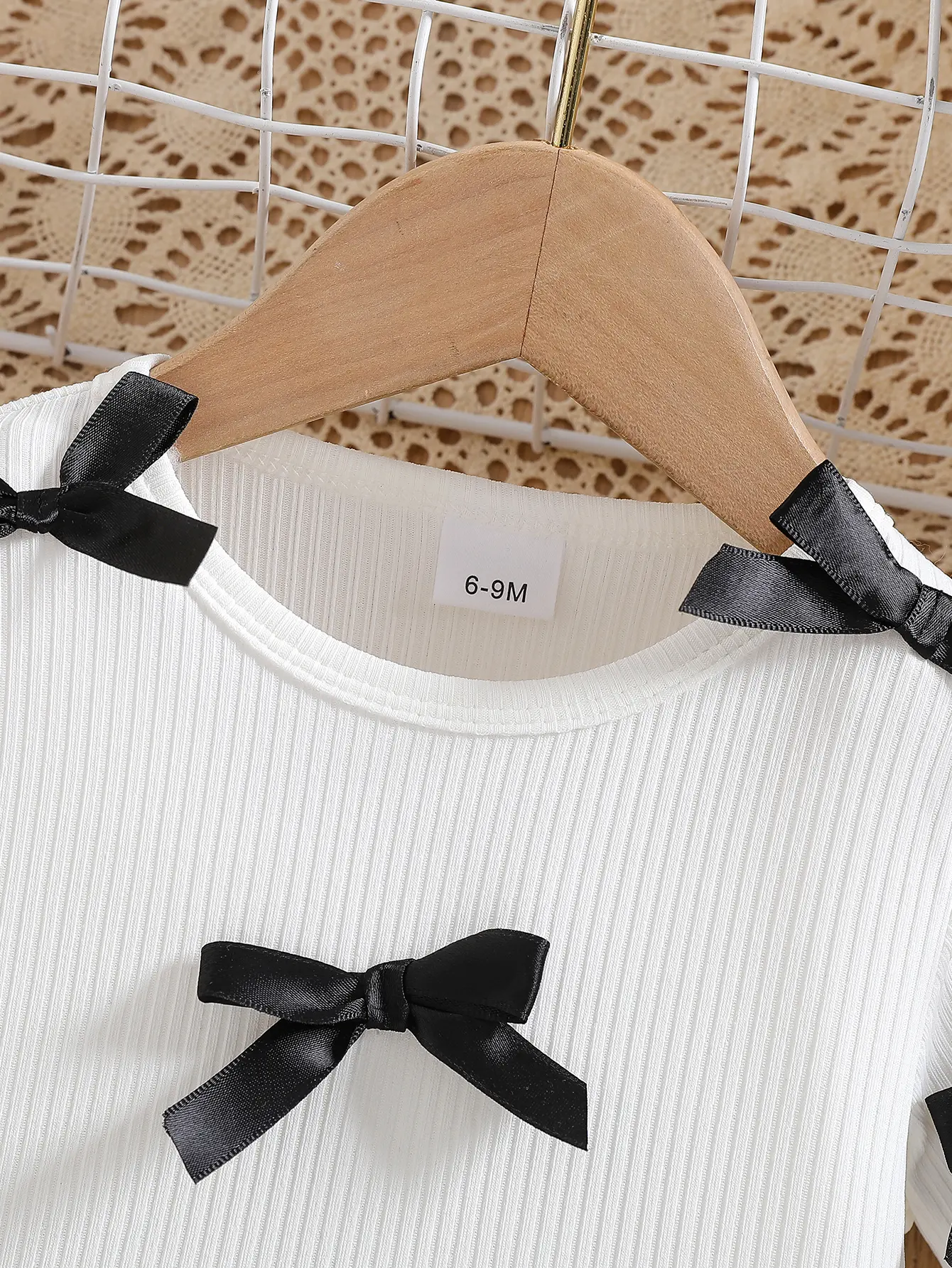Baby Girl Summer Sweet Cool Trendy Round Neck White Pit Strip Short Sleeve Ribbon Bow Decorative Top and Black Puff Pants Set
