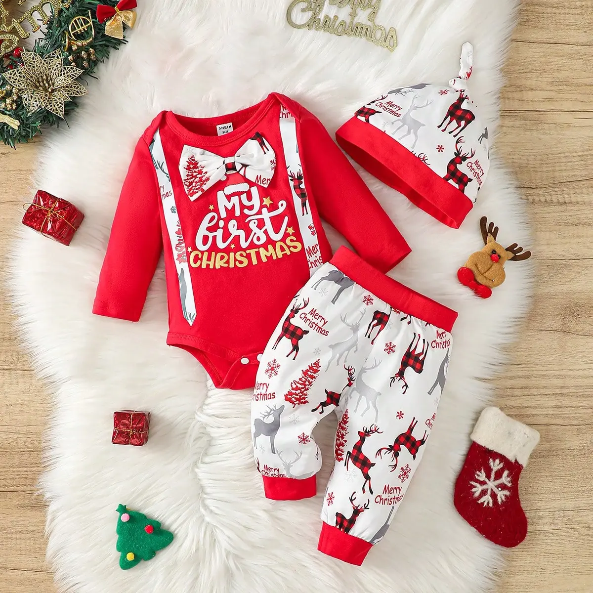 Baby Red Christmas Long Sleeved Jumpsuit, Hat, Long Pants Set