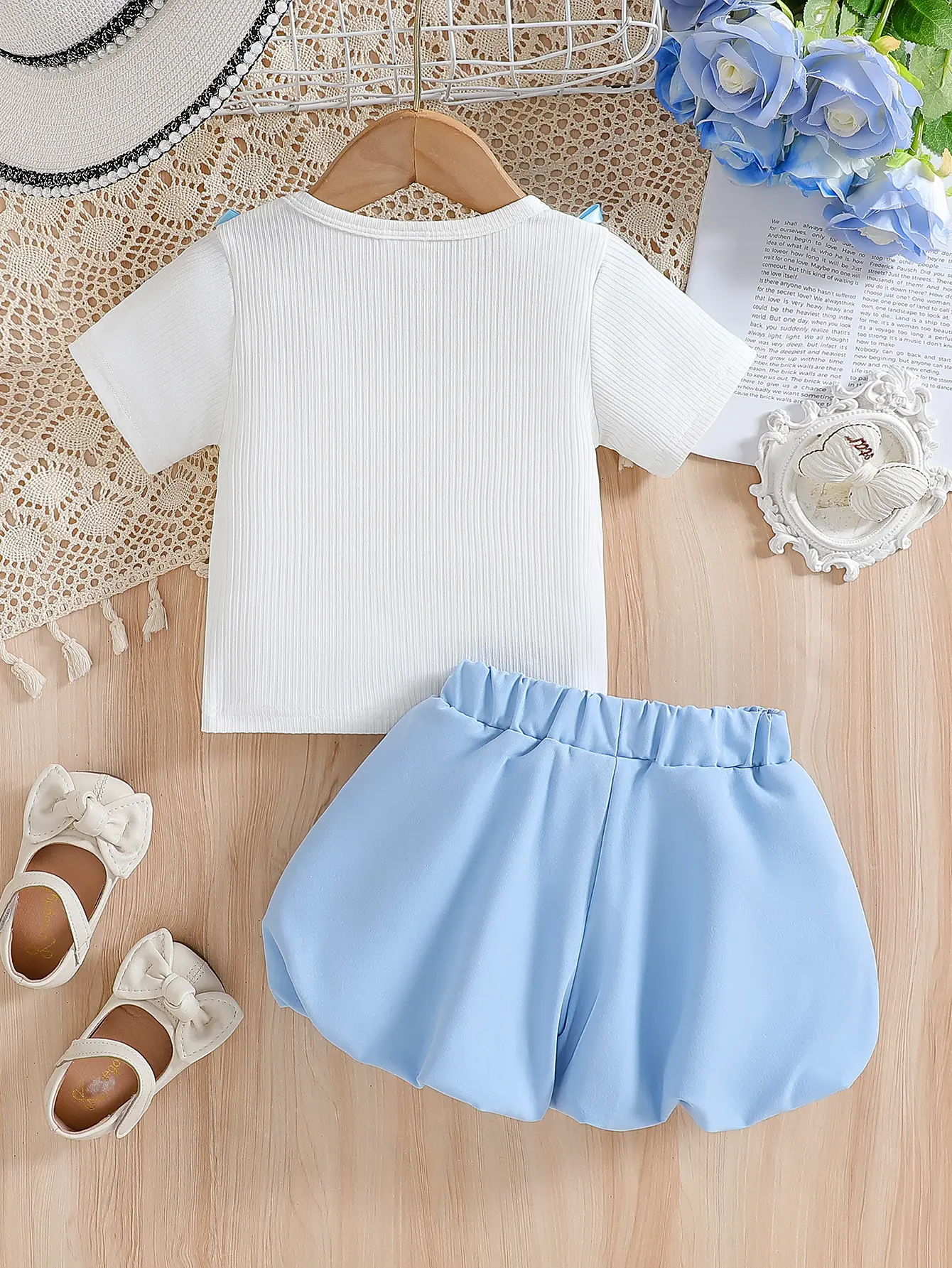 Baby Girl Summer Sweet Cool Trendy Round Neck White Pit Strip Short Sleeve Ribbon Bow Decorative Top and Black Puff Pants Set