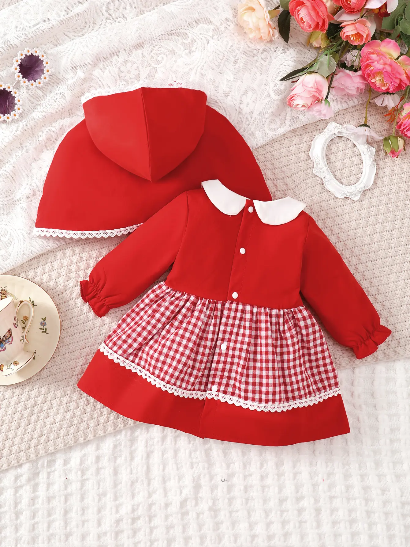 Baby Girl Spring And Autumn Cute, Elegant, Sweet Lace Splicing Grid Puff Dress And Cloak Coat