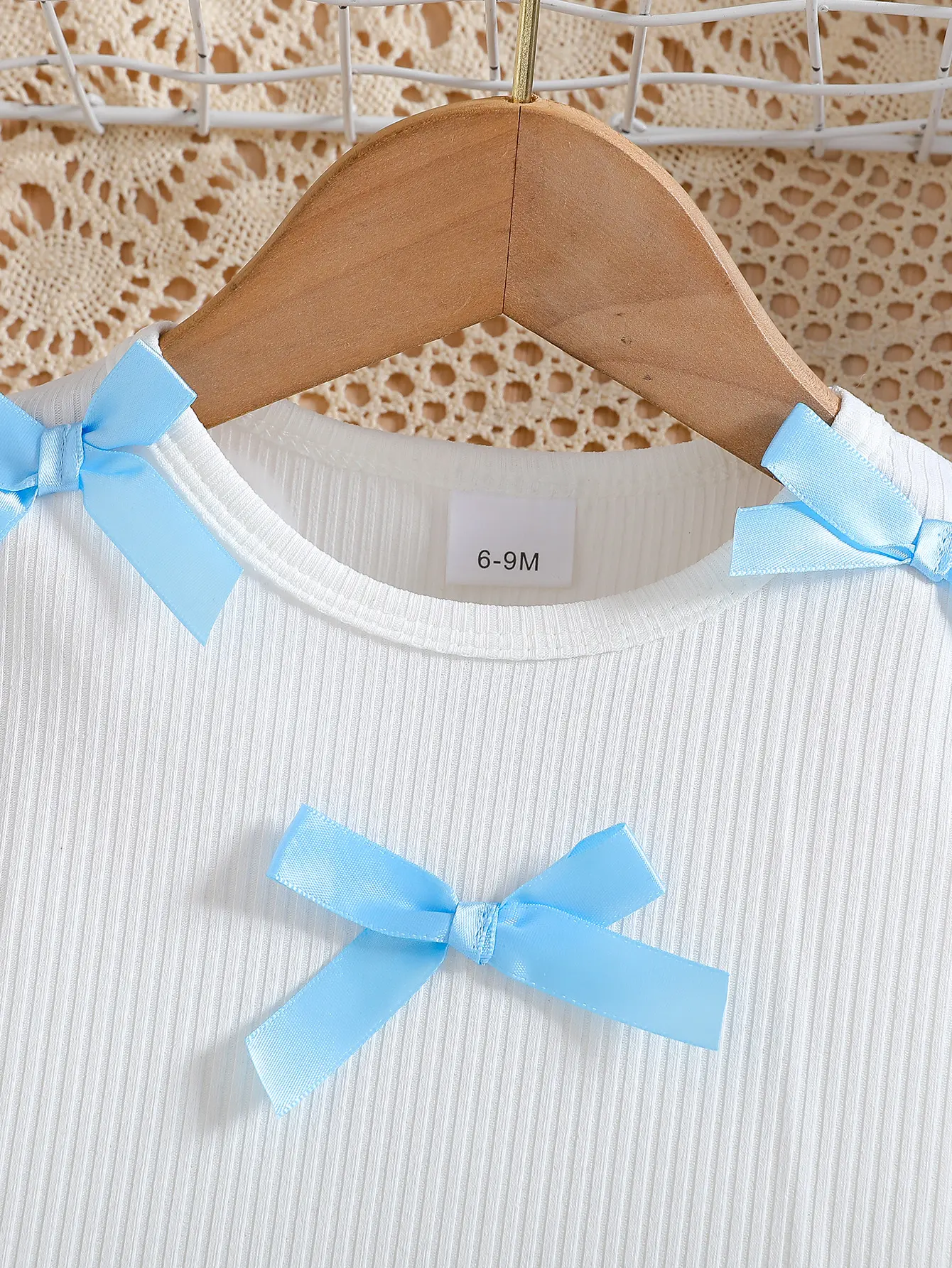 Baby Girl Summer Sweet Cool Trendy Round Neck White Pit Strip Short Sleeve Ribbon Bow Decorative Top and Black Puff Pants Set