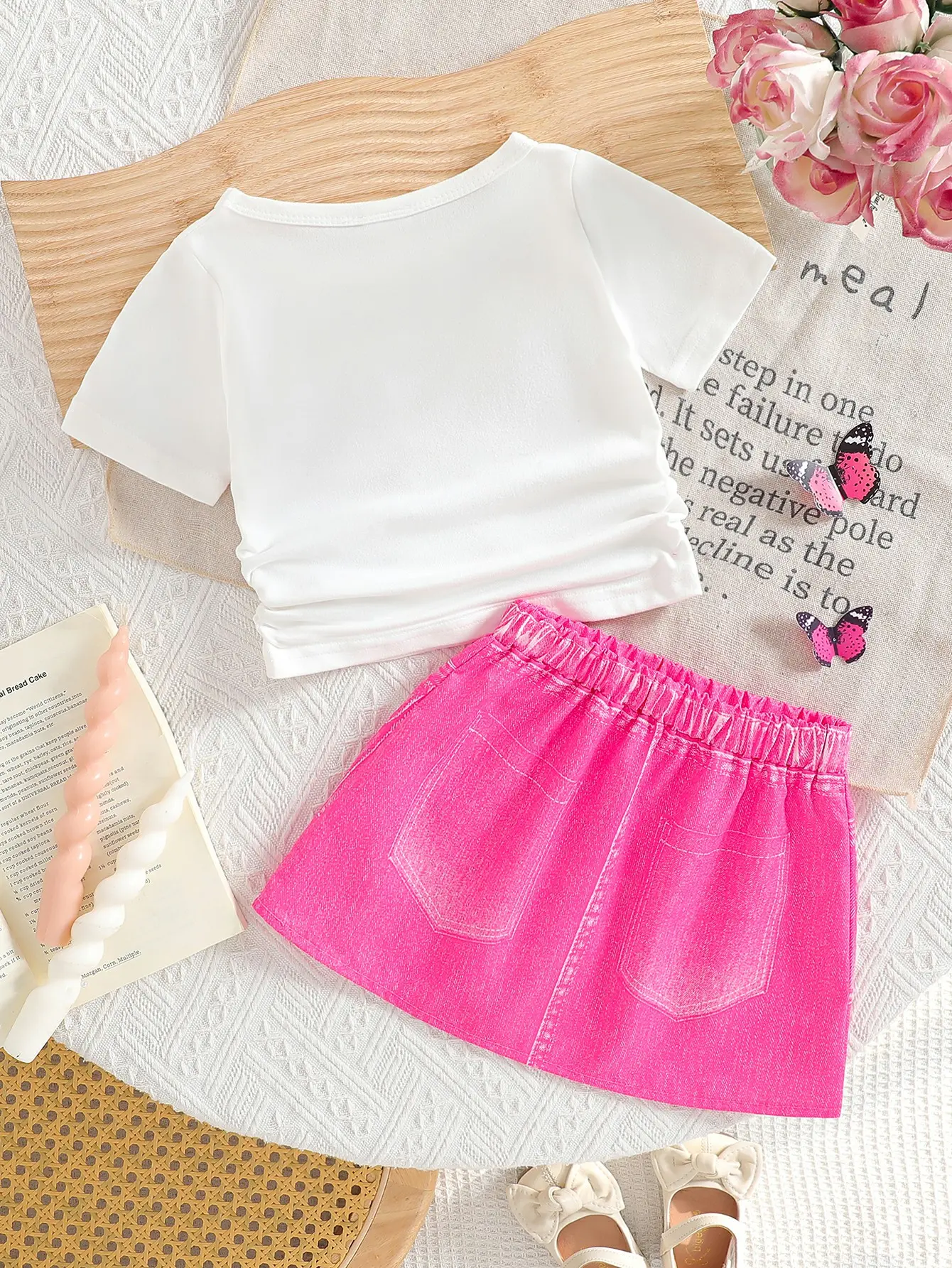 Baby girl summer fashionable and elegant white denim butterfly patch decoration pleated design top and digital printed rose red