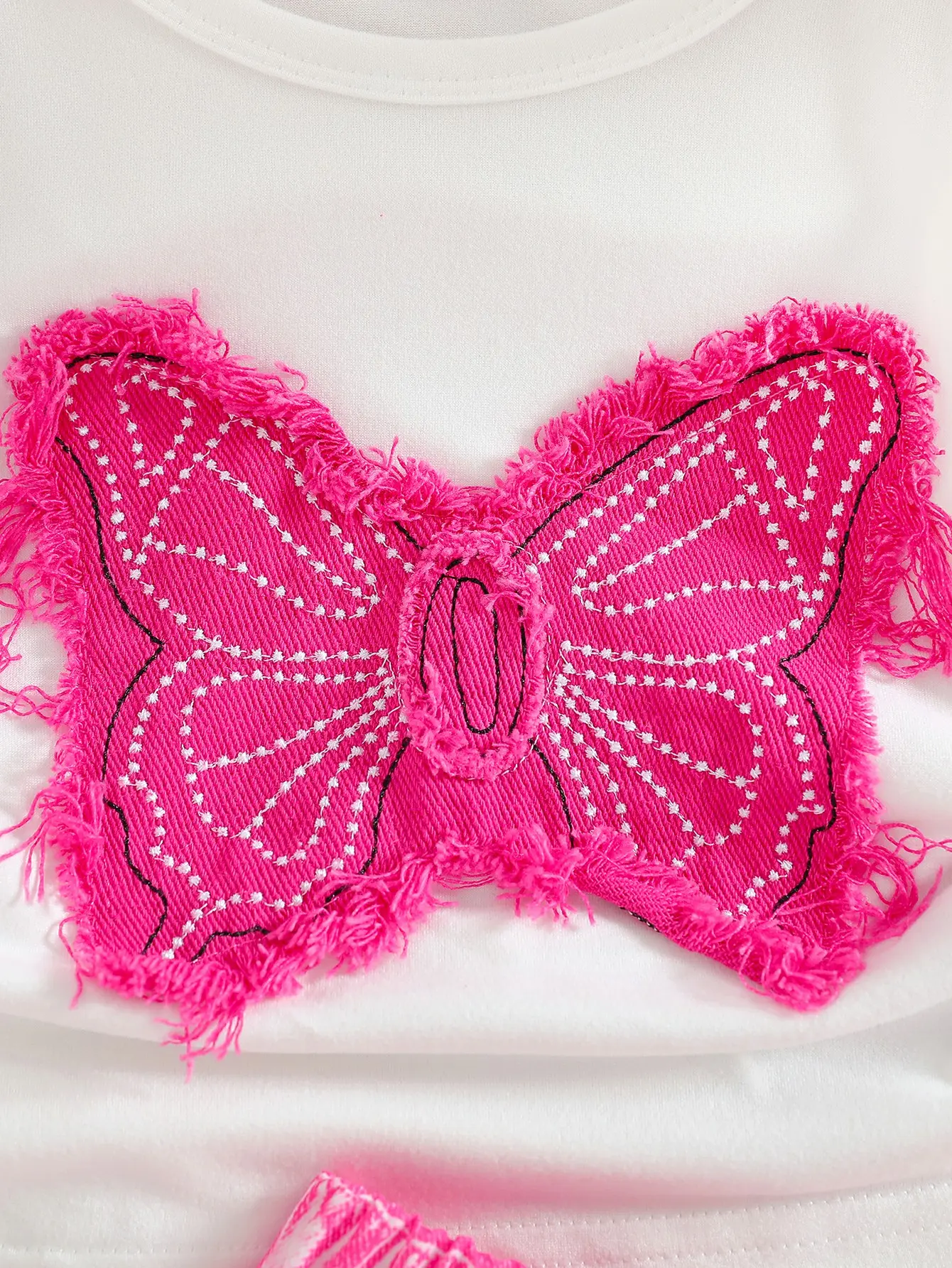 Baby girl summer fashionable and elegant white denim butterfly patch decoration pleated design top and digital printed rose red