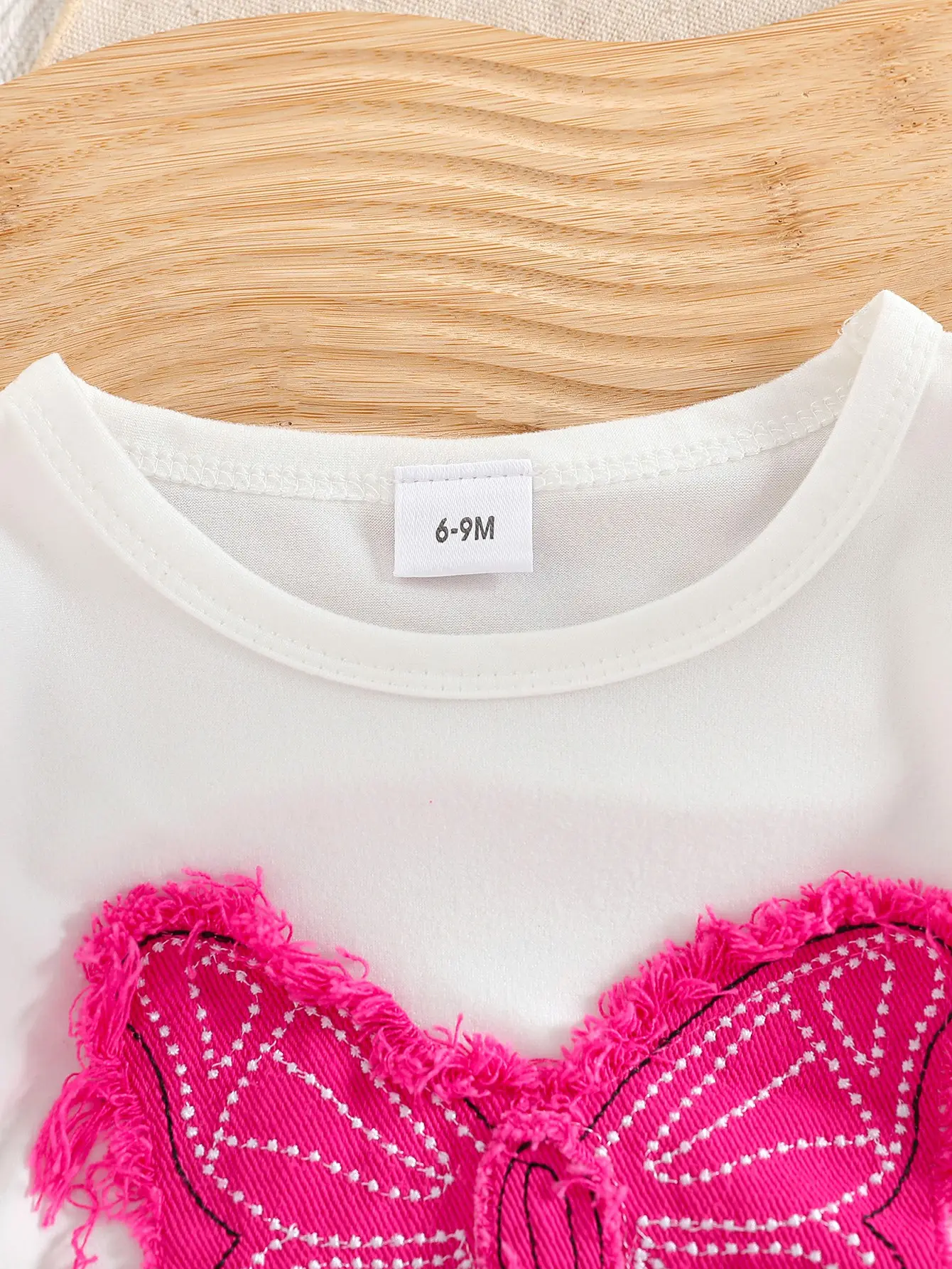 Baby girl summer fashionable and elegant white denim butterfly patch decoration pleated design top and digital printed rose red