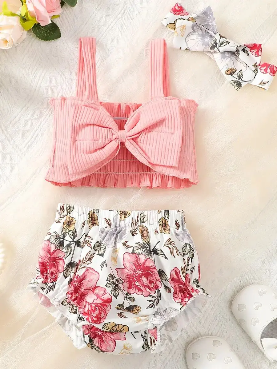 0-3-Year-Old Newborn Baby Girl Summer Bow Strap With Floral Print Shorts Fashion Set