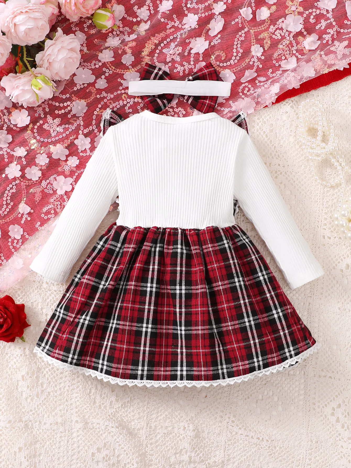 Baby girl's new fashionable plaid patchwork groove lace design bow dress and headband