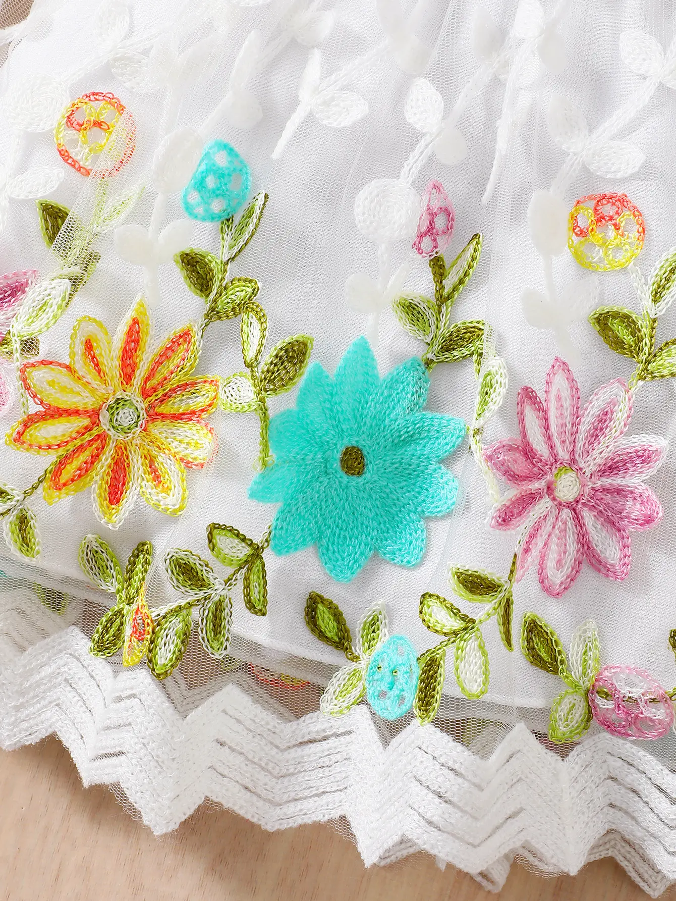 Baby Girl Spring and Autumn Cute Elegant Romantic Party Texture Fabric Round Neck Long Sleeve Splicing 3D Embroidered Flower Mes