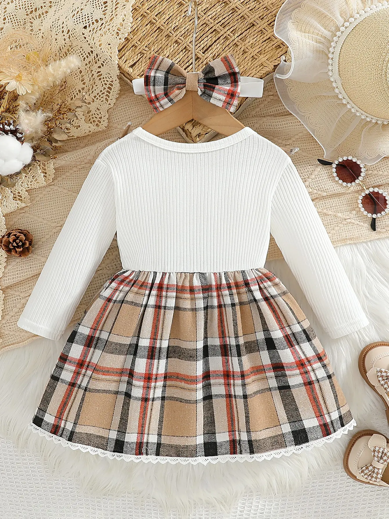 Baby girl's new fashionable plaid patchwork groove lace design bow dress and headband