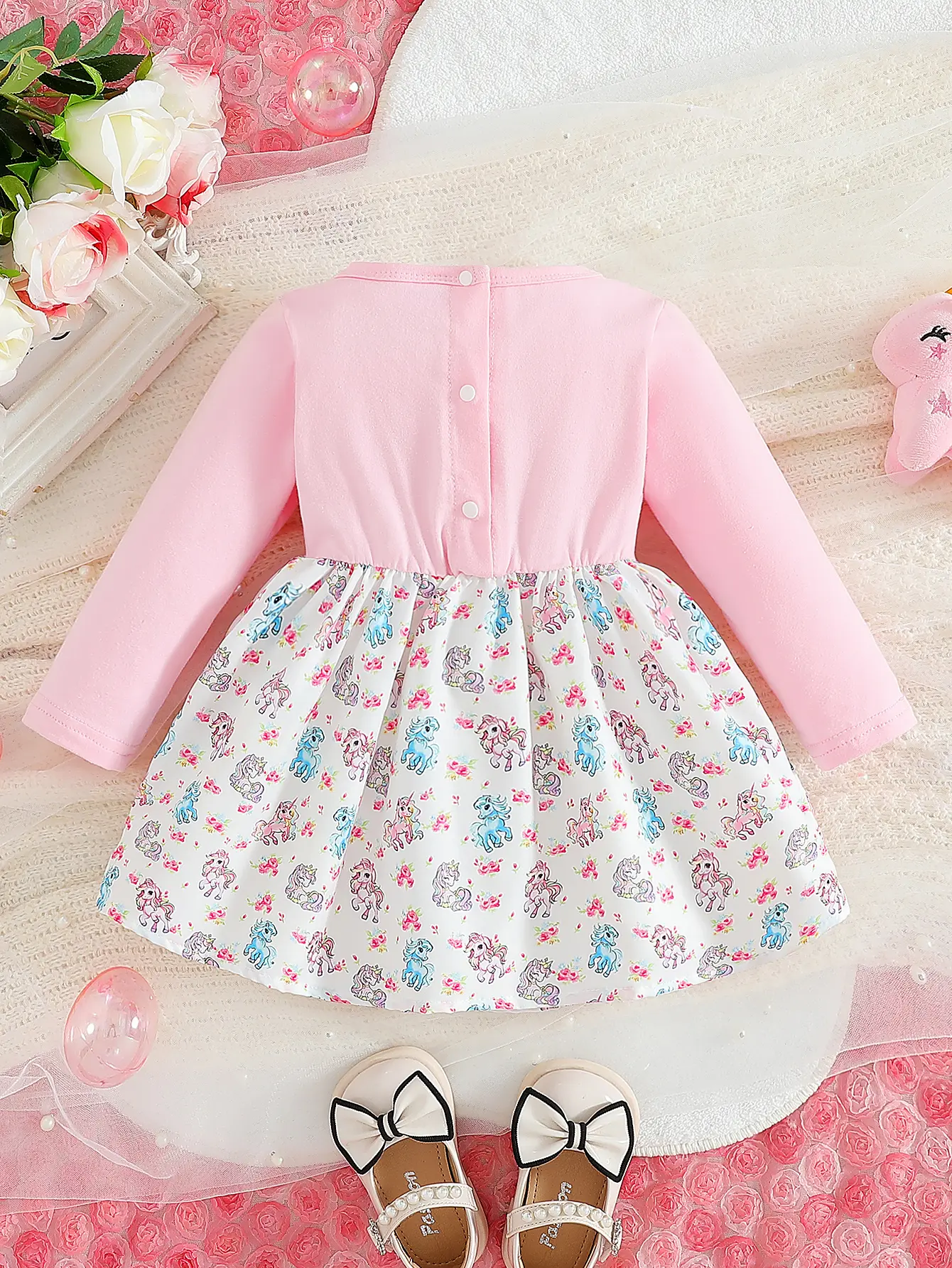Baby Girl Spring and Autumn Fashion Romantic Lace Splicing Unicorn Printed Pink Dress