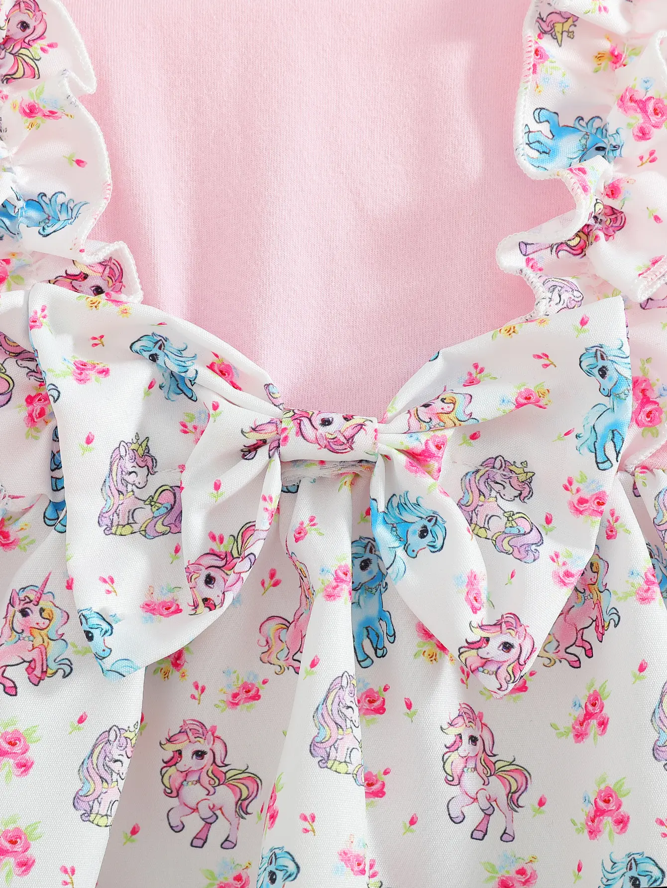 Baby Girl Spring and Autumn Fashion Romantic Lace Splicing Unicorn Printed Pink Dress