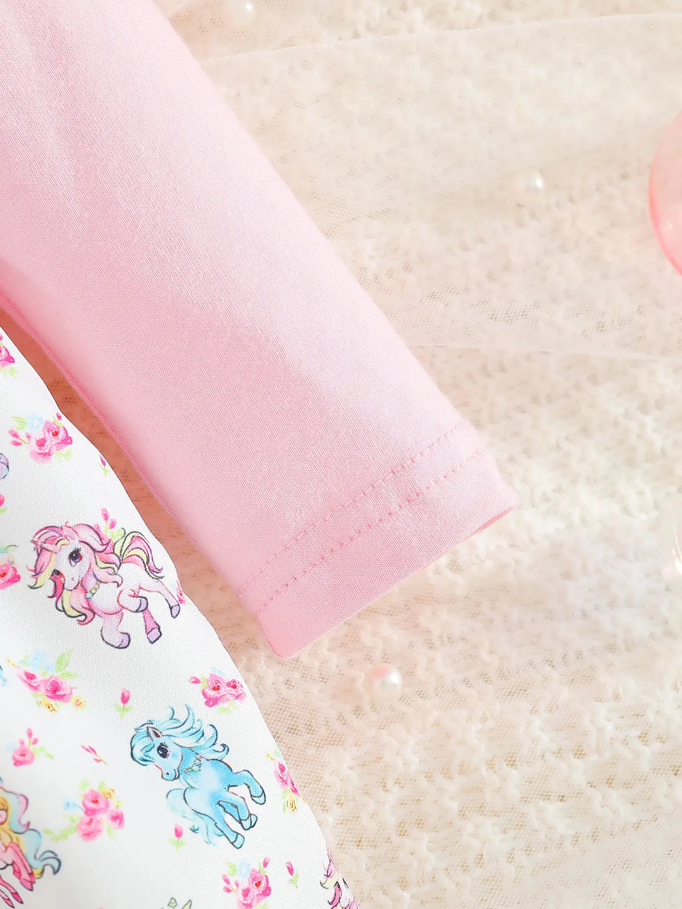 Baby Girl Spring and Autumn Fashion Romantic Lace Splicing Unicorn Printed Pink Dress