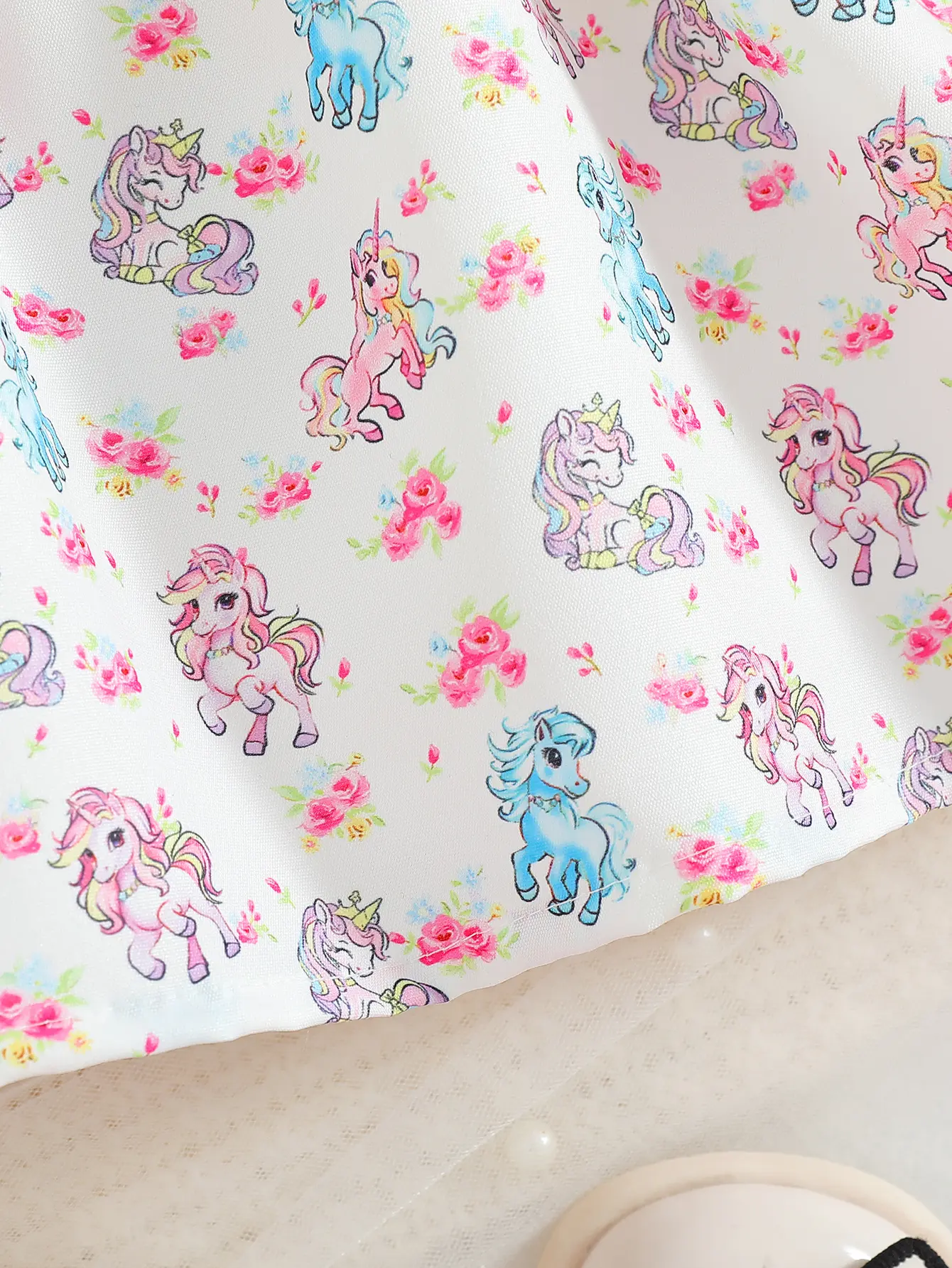 Baby Girl Spring and Autumn Fashion Romantic Lace Splicing Unicorn Printed Pink Dress