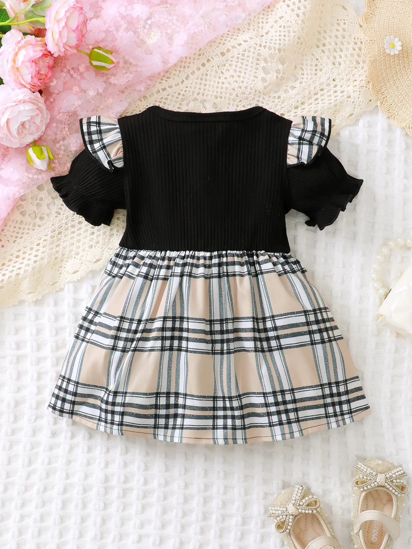 New Summer Baby Girl Short Sleeved Plaid Casual Daily Minimalist Bow Decoration Dress
