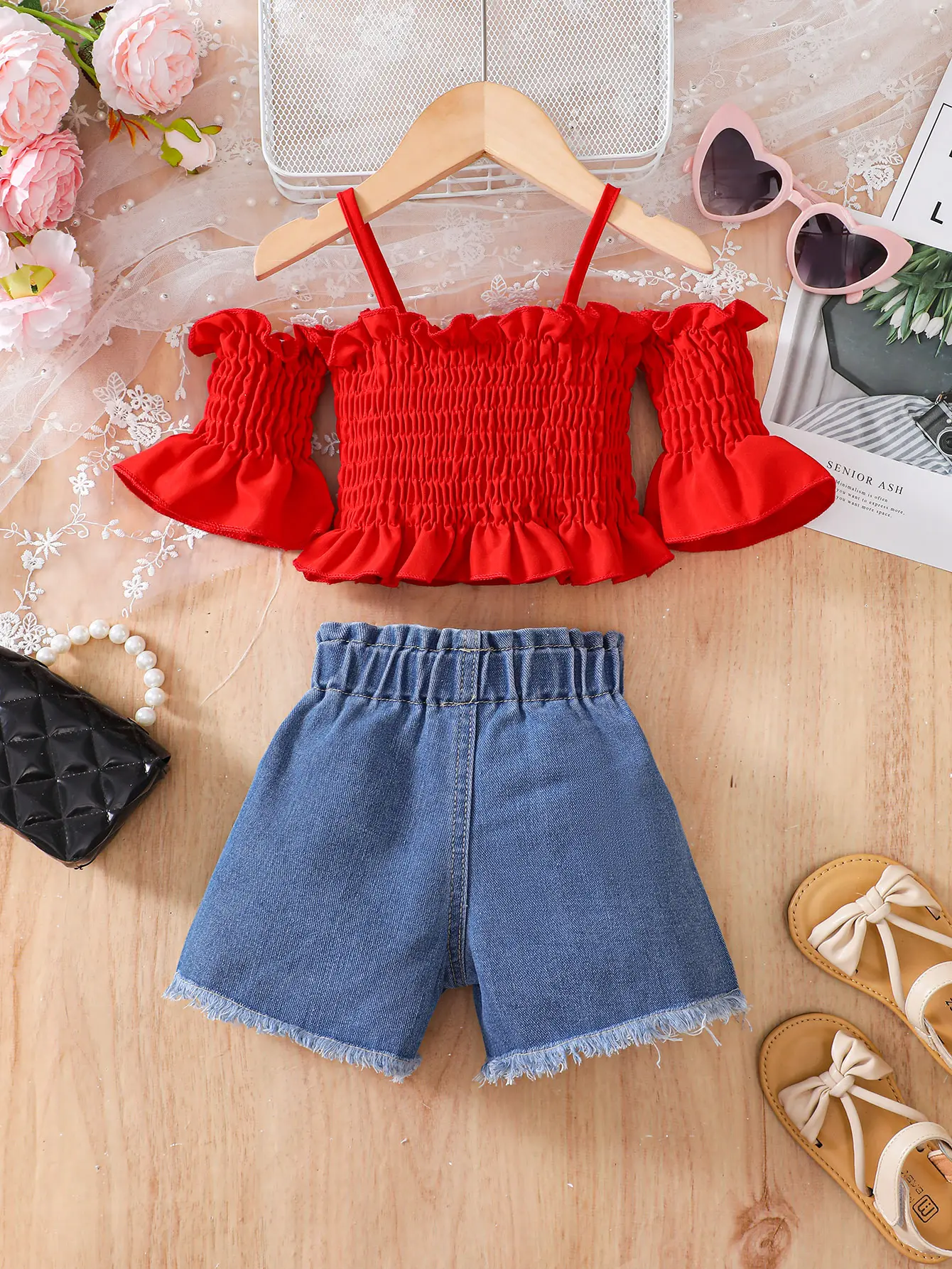 Fashionable Baby Girls' Summer Holiday Solid Color Camisole & Off Shoulder Top And Distressed Pocket Denim Shorts Set
