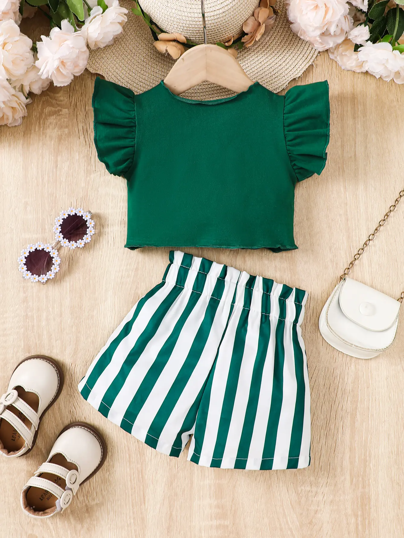 0-2 Year Old Baby Girl Summer Fashion Love Collar Ruffled Short Sleeved And Striped Shorts Two-piece Set