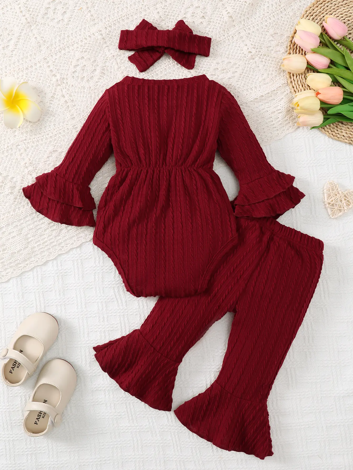 Baby girl autumn and winter casual fashion texture fabric round neck double-layer flared sleeves bow bow front jumpsuit and flar