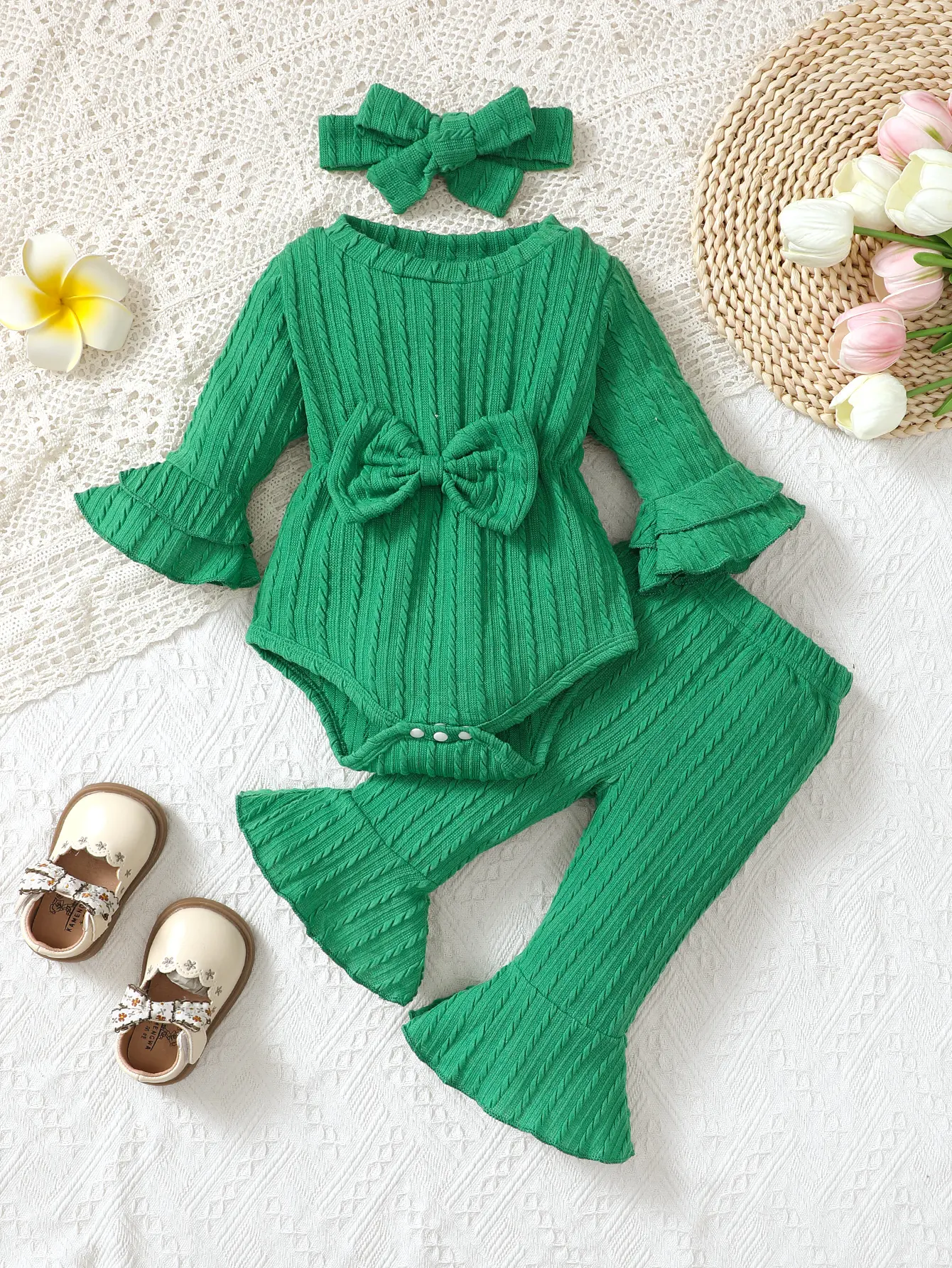 Baby girl autumn and winter casual fashion texture fabric round neck double-layer flared sleeves bow bow front jumpsuit and flar