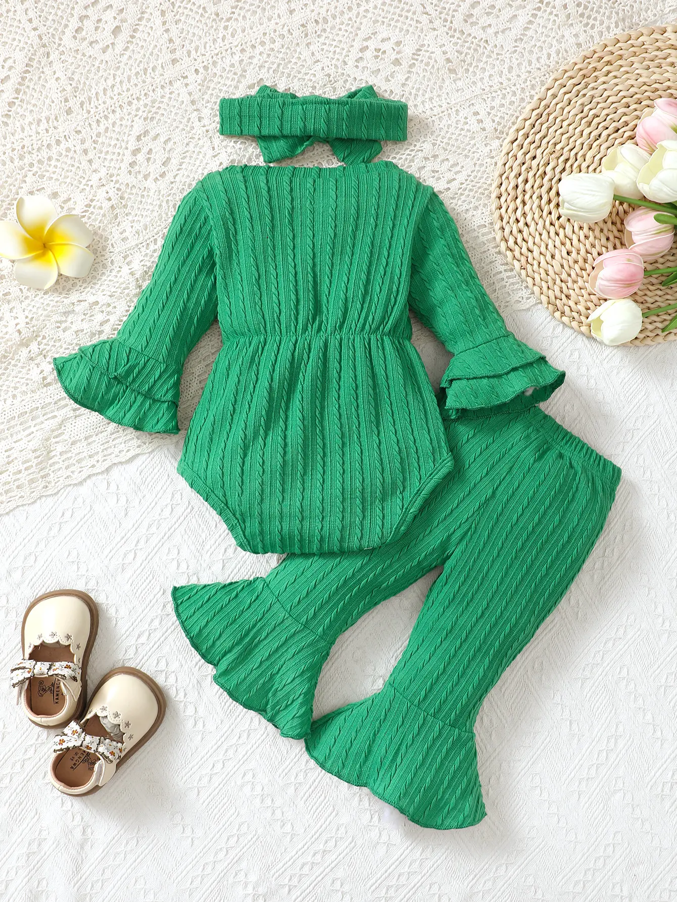 Baby girl autumn and winter casual fashion texture fabric round neck double-layer flared sleeves bow bow front jumpsuit and flar