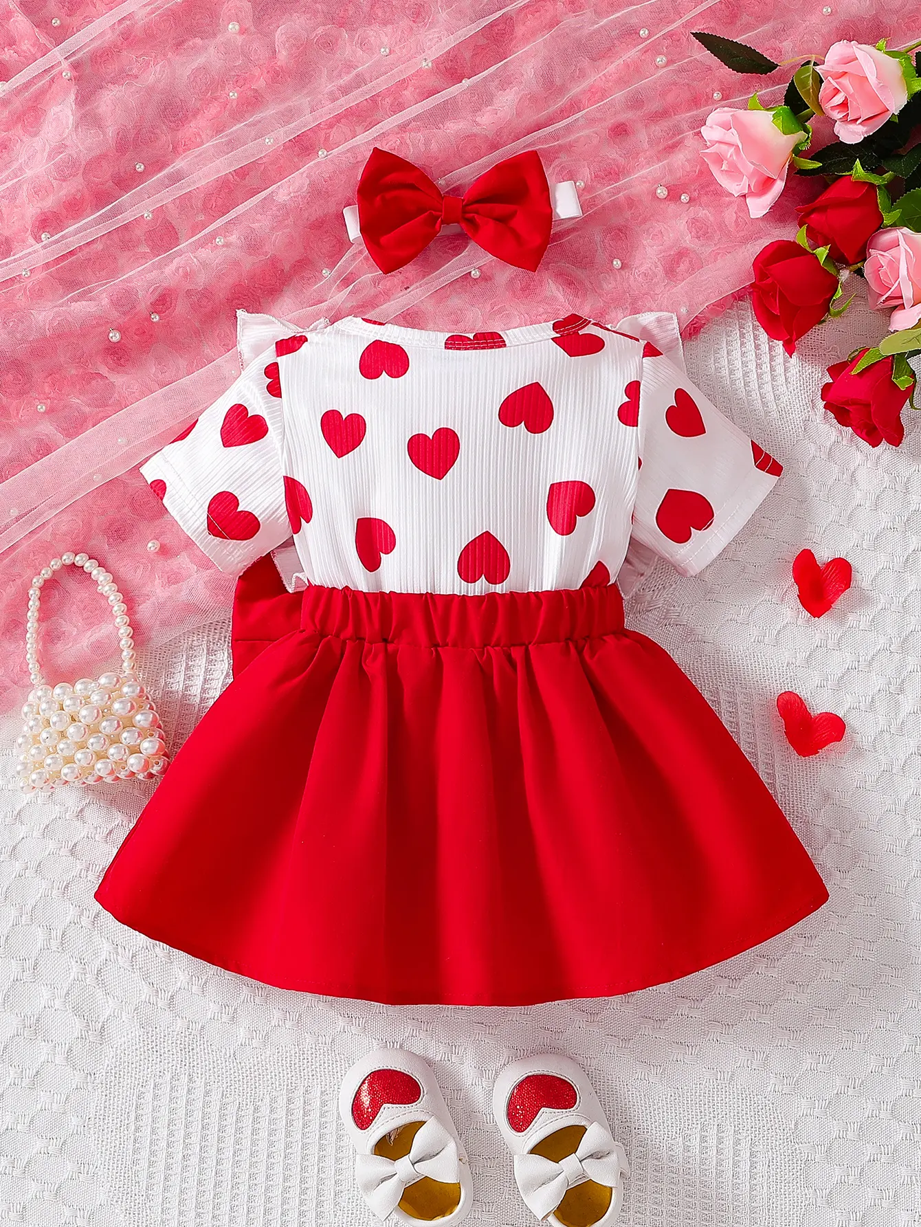 Baby girl spring and summer love pit stripe full print round neck ruffle edge design short sleeved fake two-piece waist and side