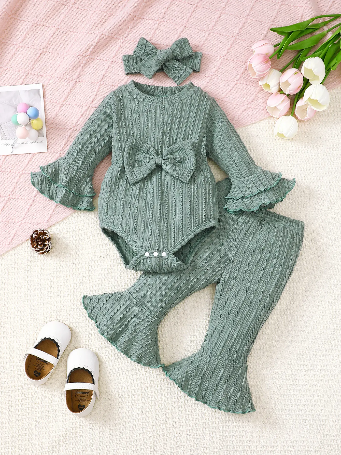 Baby girl autumn and winter casual fashion texture fabric round neck double-layer flared sleeves bow bow front jumpsuit and flar