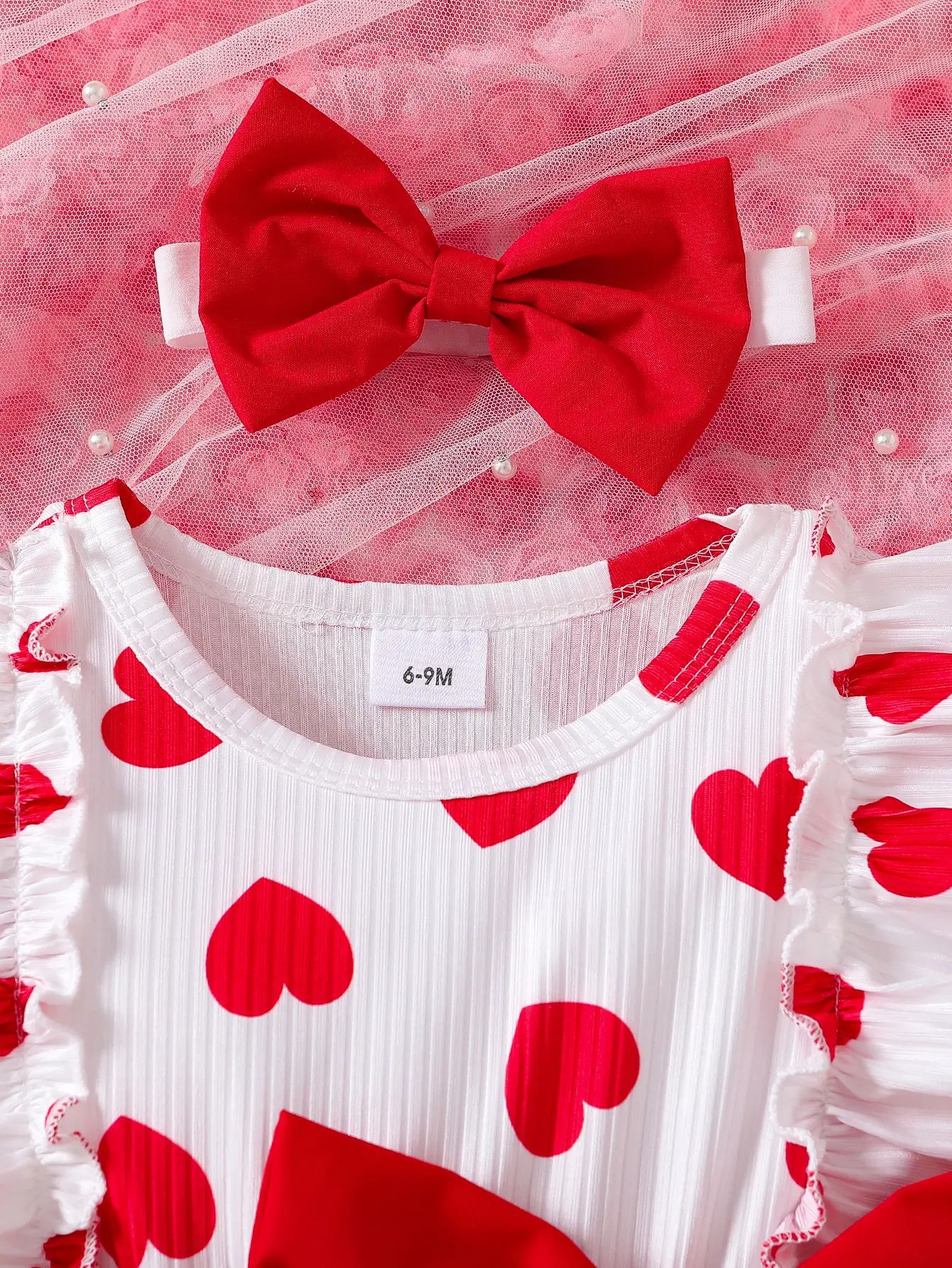 Baby girl spring and summer love pit stripe full print round neck ruffle edge design short sleeved fake two-piece waist and side
