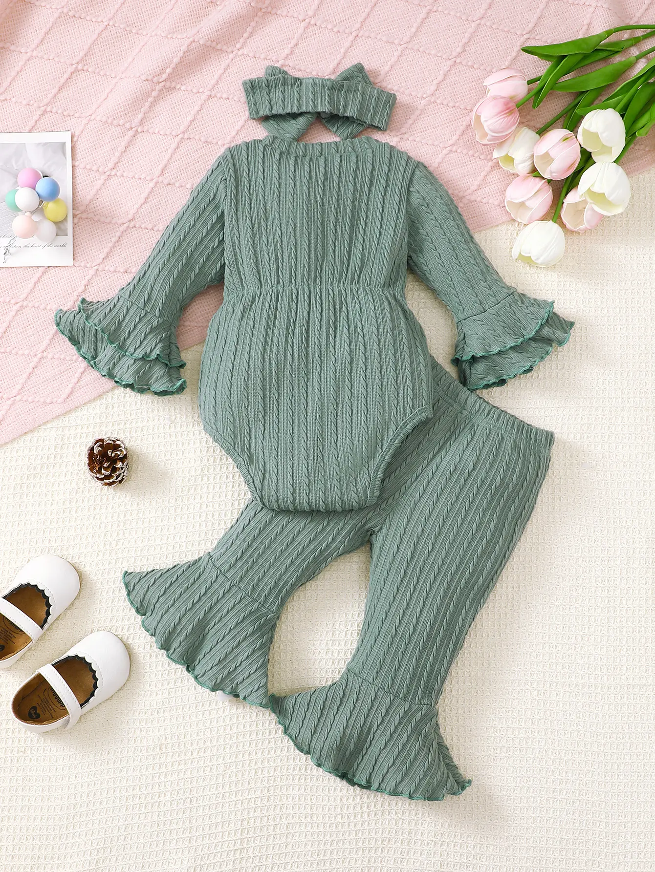 Baby girl autumn and winter casual fashion texture fabric round neck double-layer flared sleeves bow bow front jumpsuit and flar