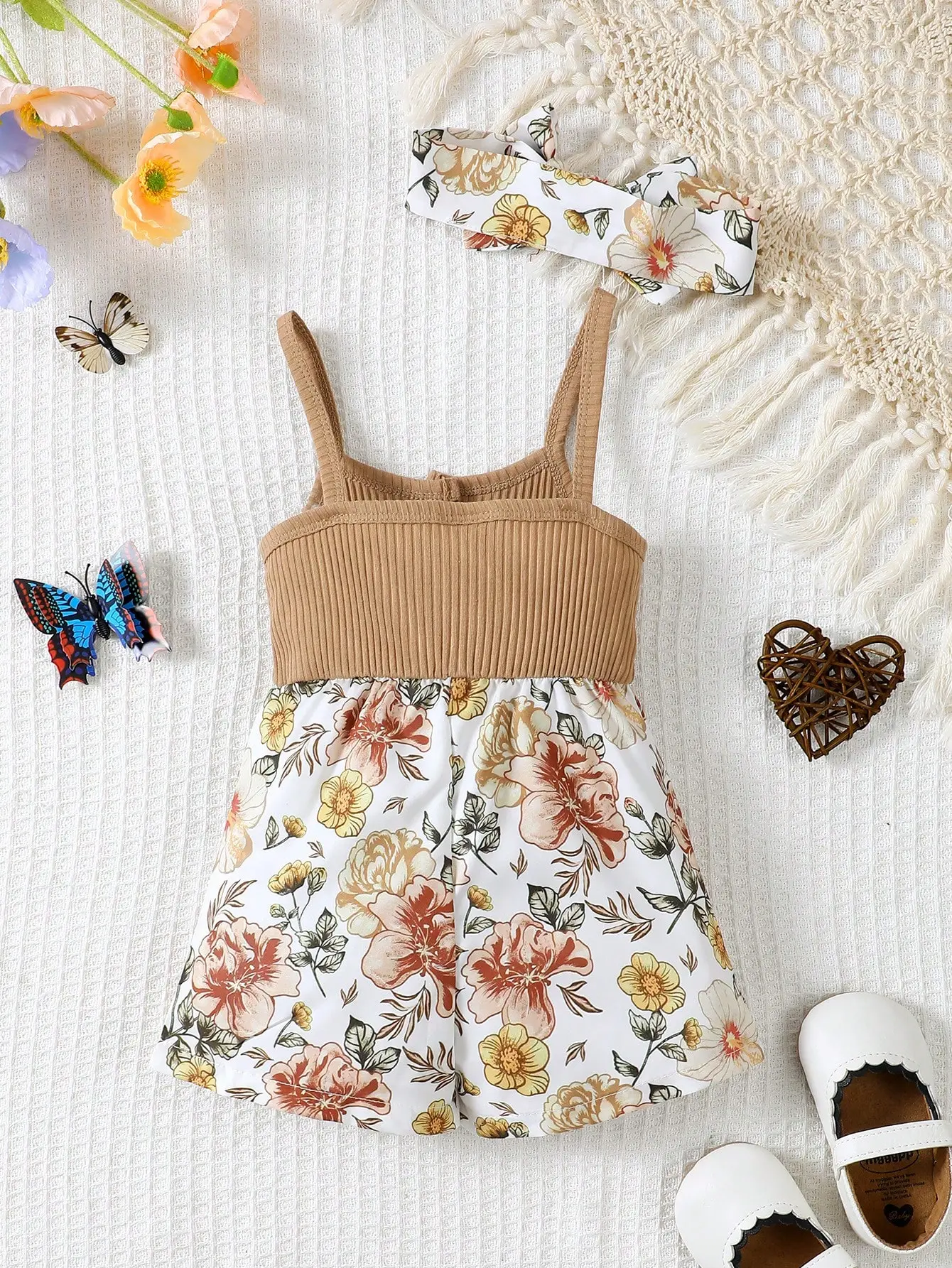 Newborn Baby Girl Simple Casual Printed Bow Suspender Headband Jumpsuit Shorts Two-piece Set