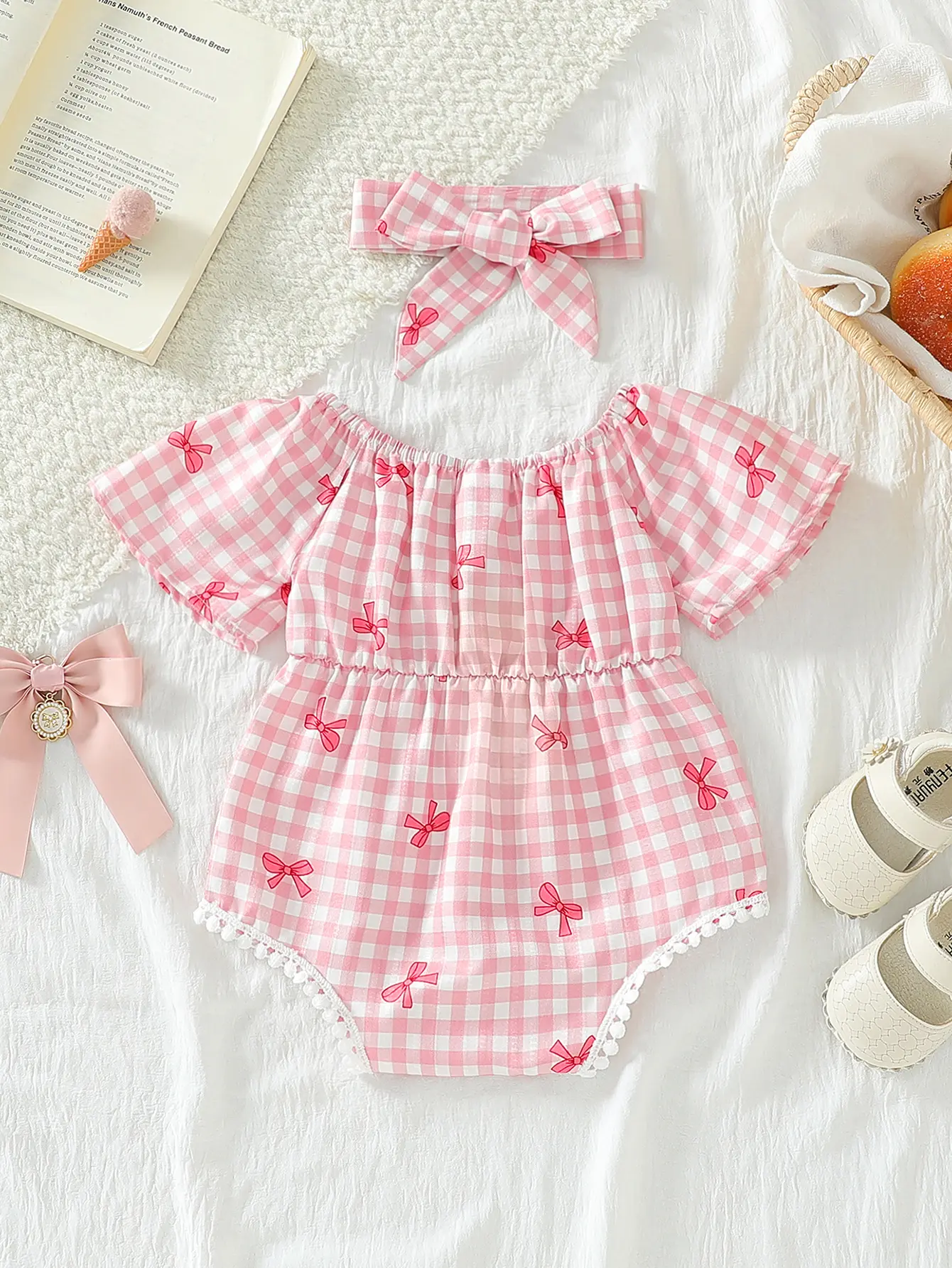Baby Girl Summer Cute Casual One Shoulder Bubble Sleeve Waist Bow Grid Printed Lace Decoration jumpsuit and headband
